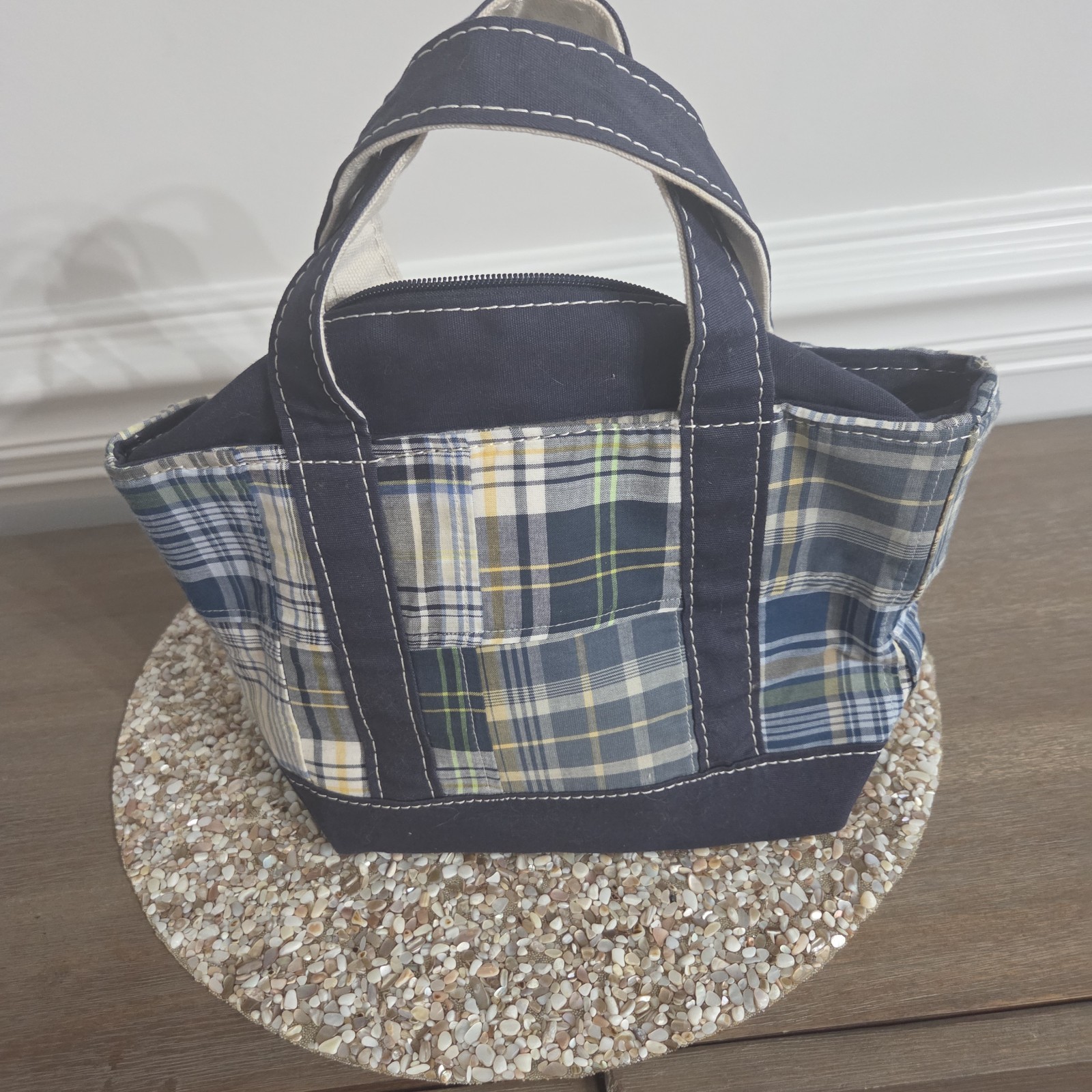 LL Bean Mini Boat & Tote Bag Plaid Patchwork Blue Handles Zip Close 10Lx8Hx4W
