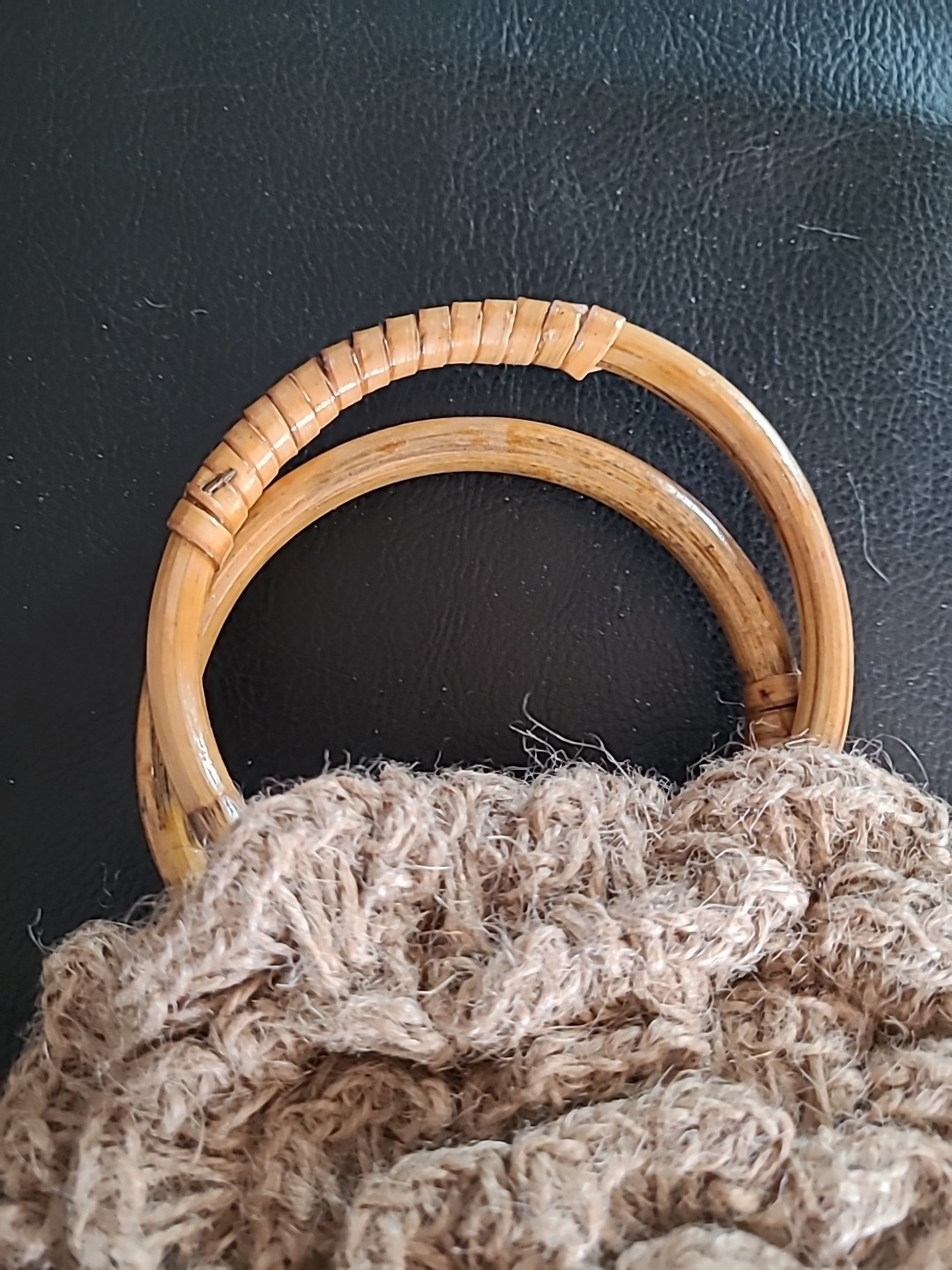 Handmade Jute Purse 8in Round Crochet Rose Wristlet Bamboo Handles Zippered
