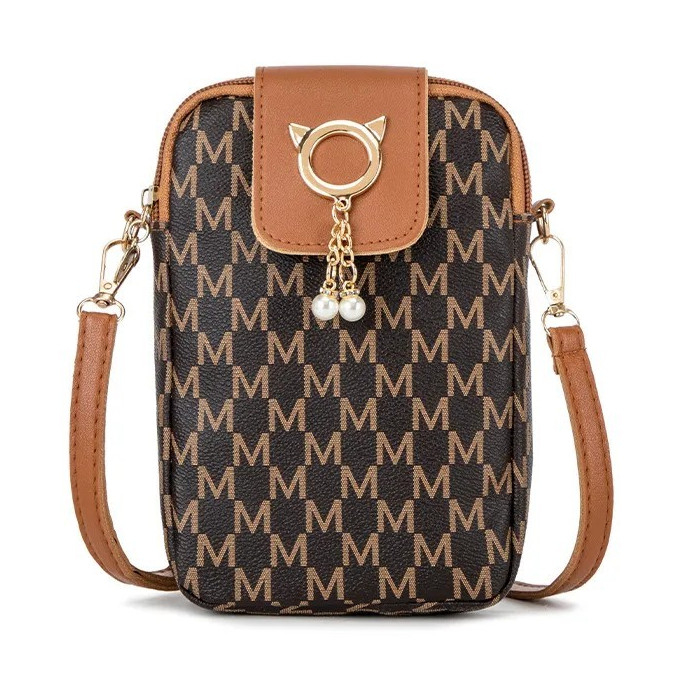 Deluxe Women’s Brown Crossbody Phone Bag, Zip, Detachable Strap