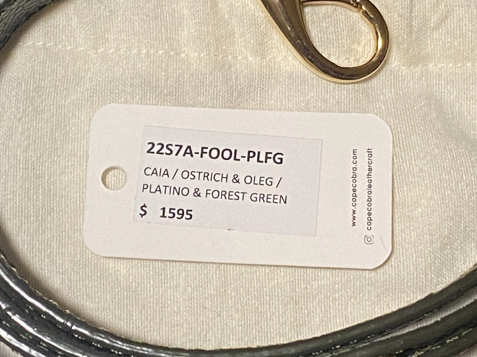 $1595 Cape Cobra CAIA CROSSBODY OSTRICH PLATINO & FOREST GREEN OSTRICH LEG TRIM