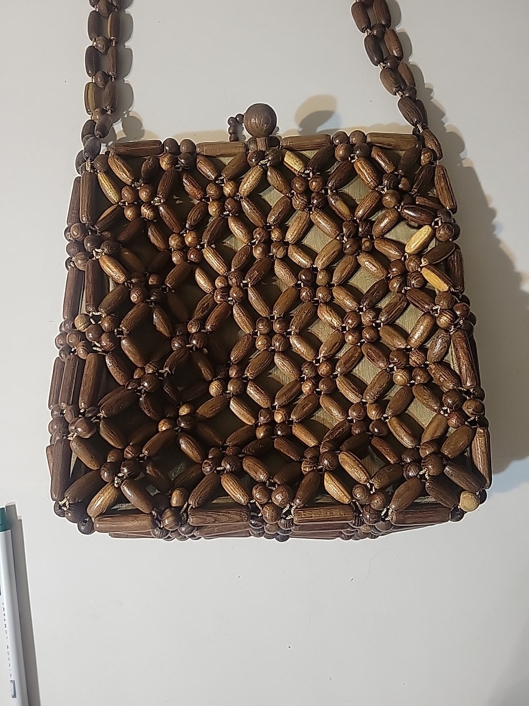 Vintage 1960s-70s Korean Wooden Bead Handbag Boho Shoulder Purse Made in Korea