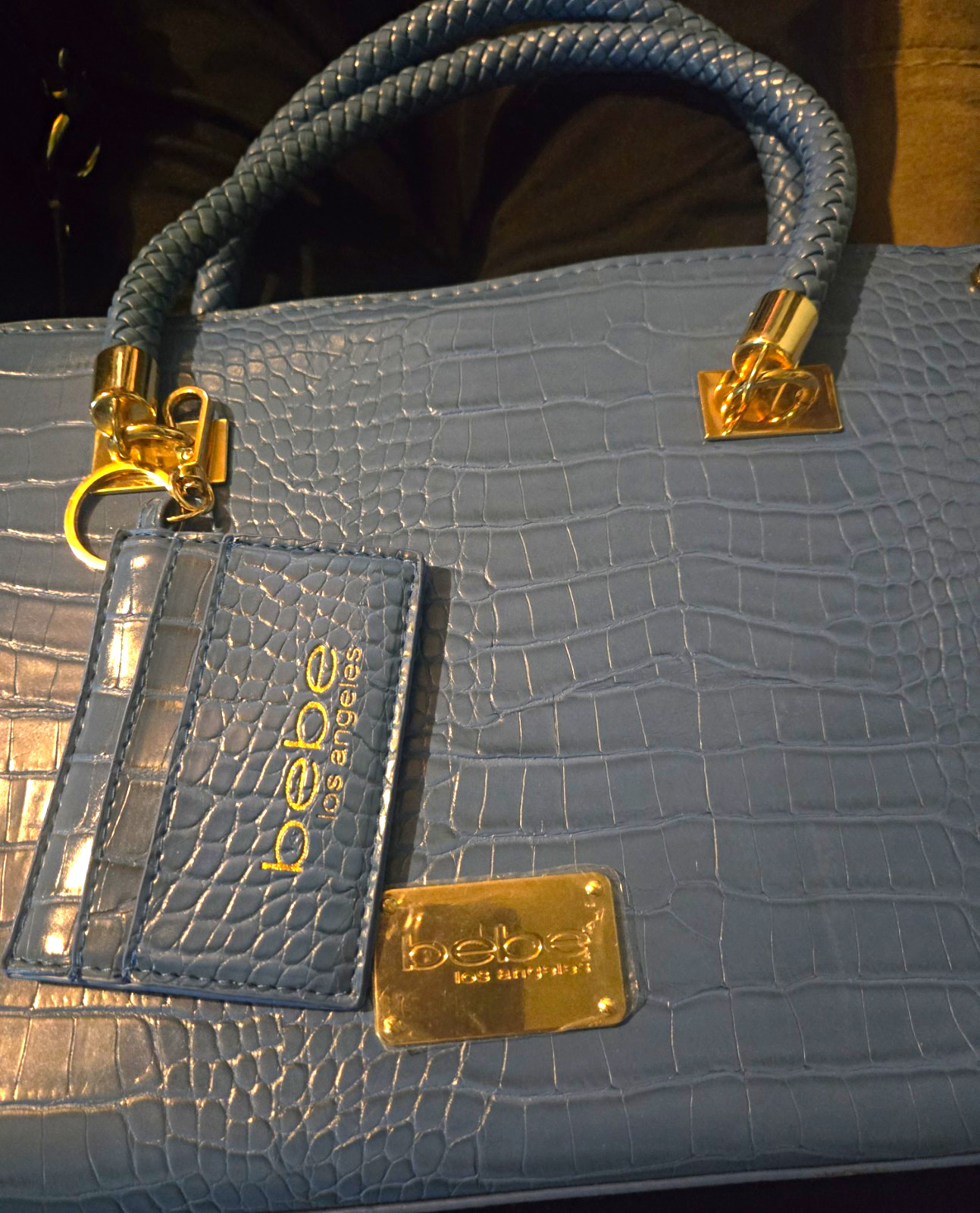 bebe Blue Crocodile Print Embossed Satchel Top Handle Zip Gold Pouch