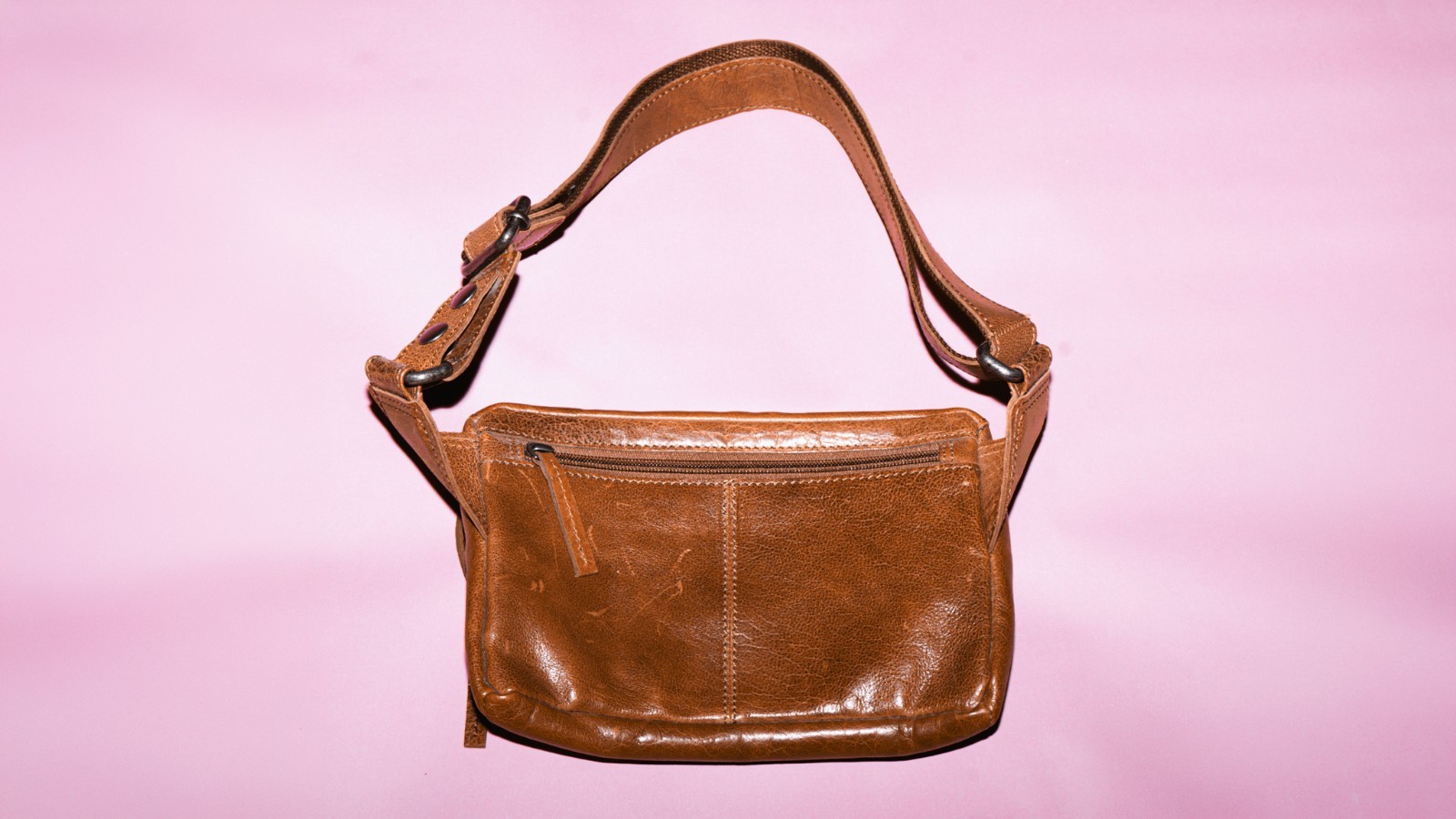 Spikes & Sparrow Brown Leather Hip Bag Zip Closure Inner Pockets Silver Hardware