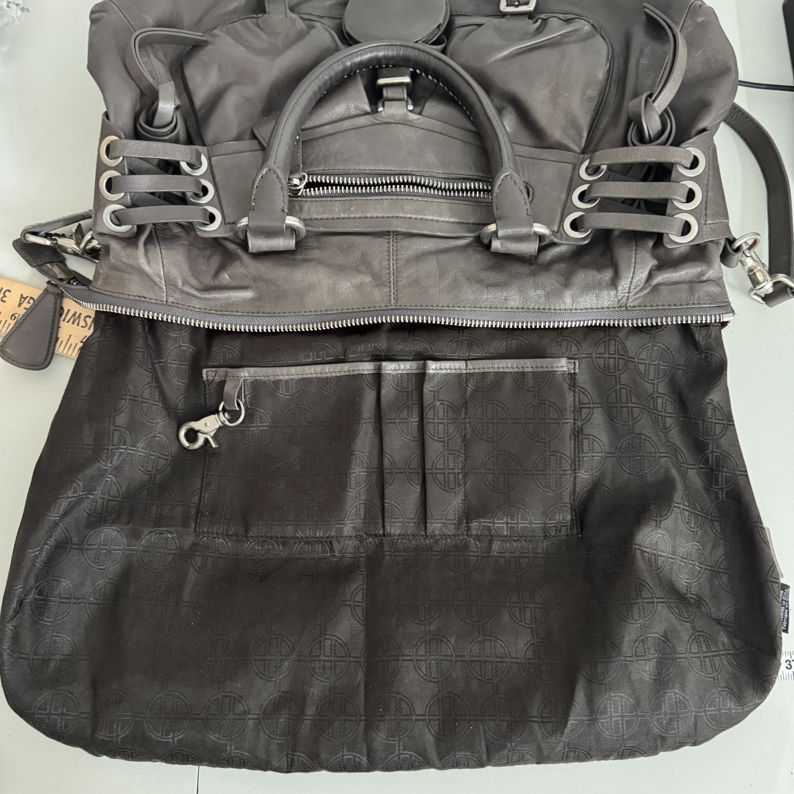 Hugo Boss Leather Hobo Shoulder Satchel Gray Lace Up Crossbody Strap Grunge Y2K