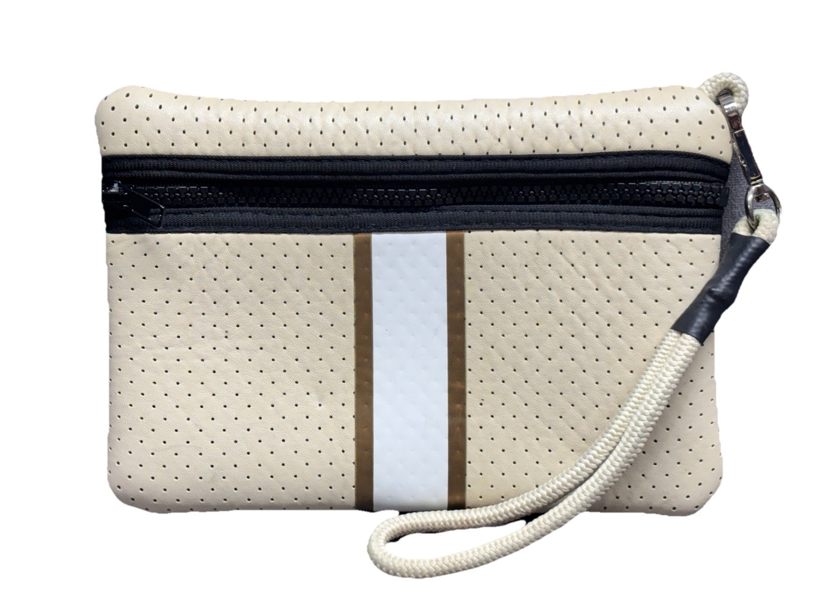 Haute Shore Neoprene Zipper Pouch Clutch Bag White w Tan Stripe