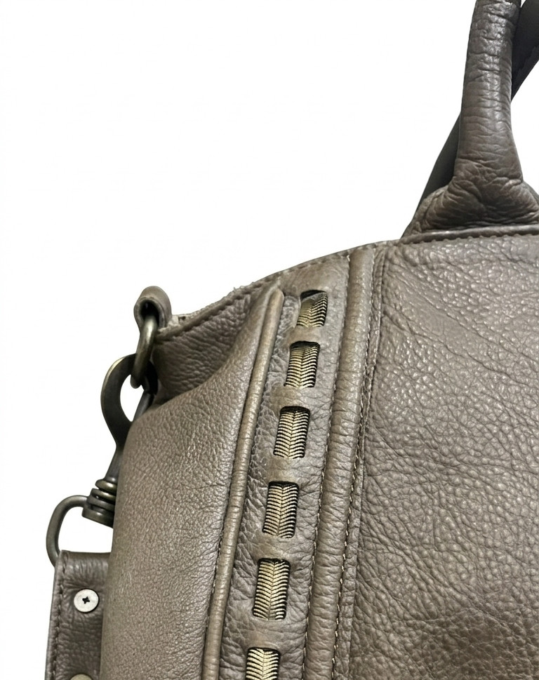 Liebeskind Berlin Taupe Olive Pebbled Leather Satchel Whipstitch Crossbody Bag
