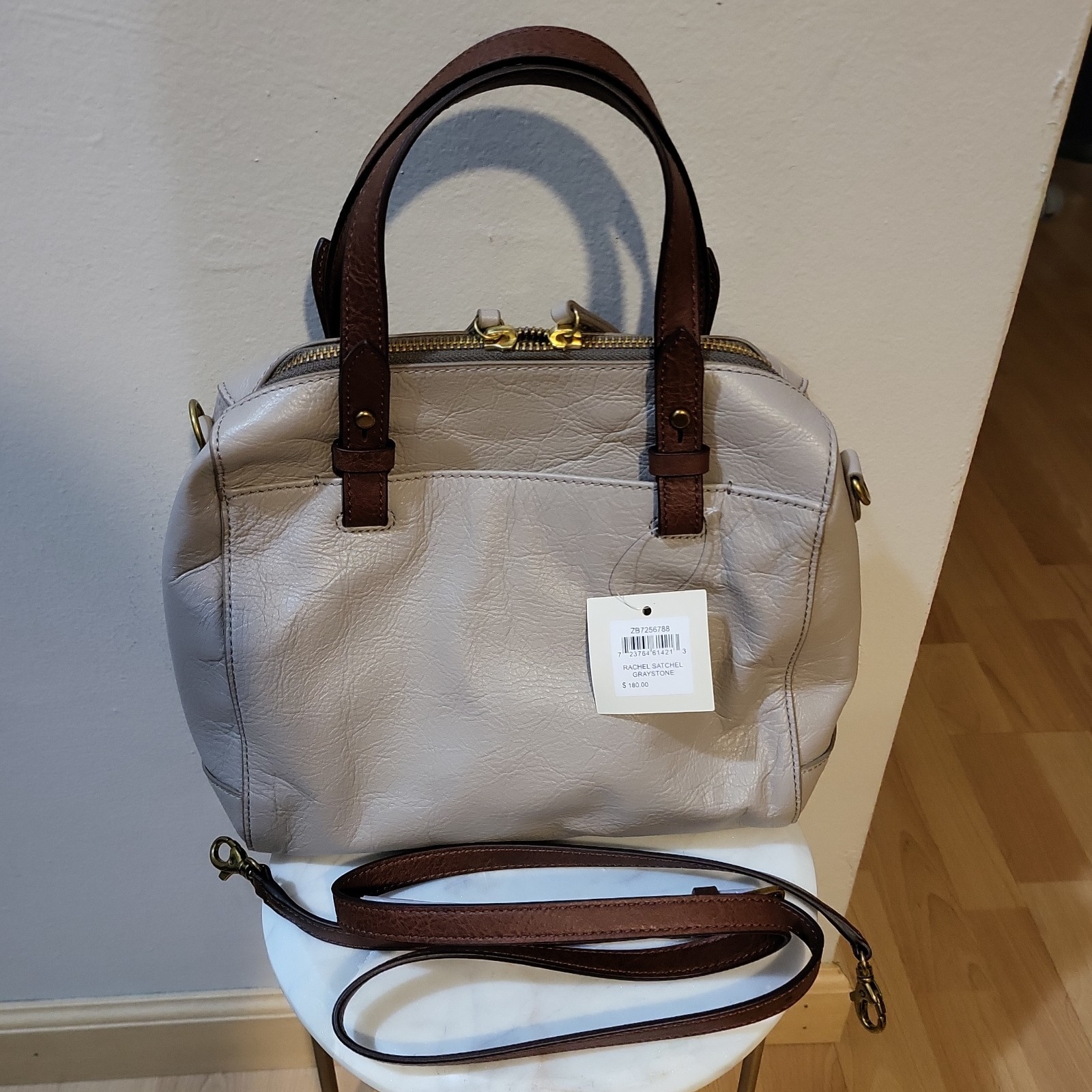 Fossil Rachel Satchel Greige Brown Handles Zip Detachable Crossbody Strap Key