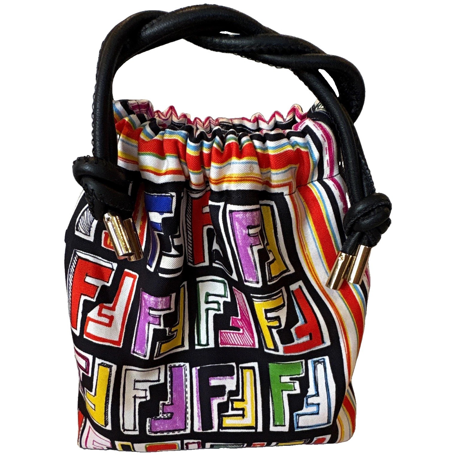 Prettysac London Vintage Fendi Silk Scarf Multicolor FF Monogram Bucket Bag