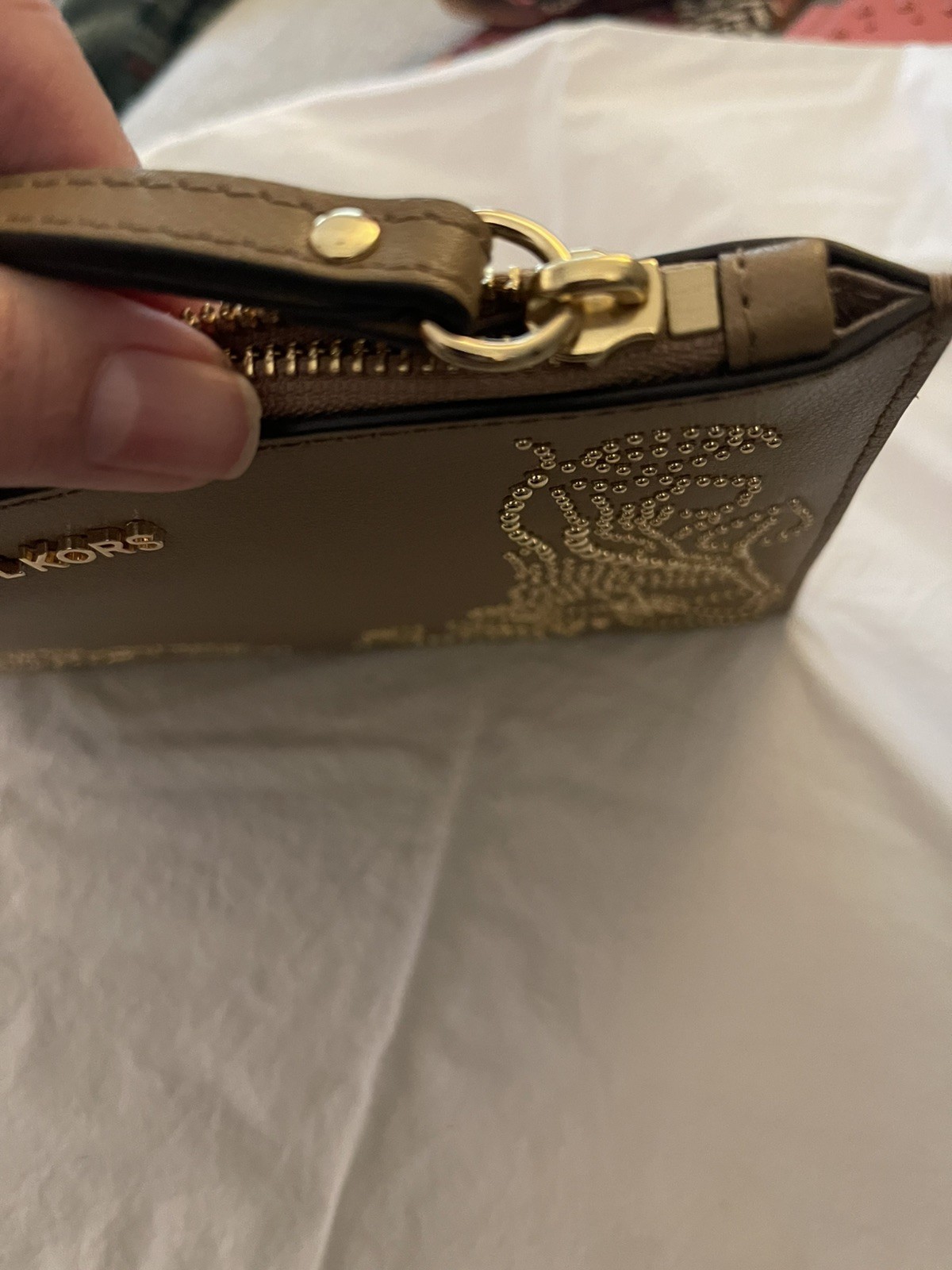 Michael Kors Studded Floral Wristlet / Clutch – Tan / Gold Hardware – EUC