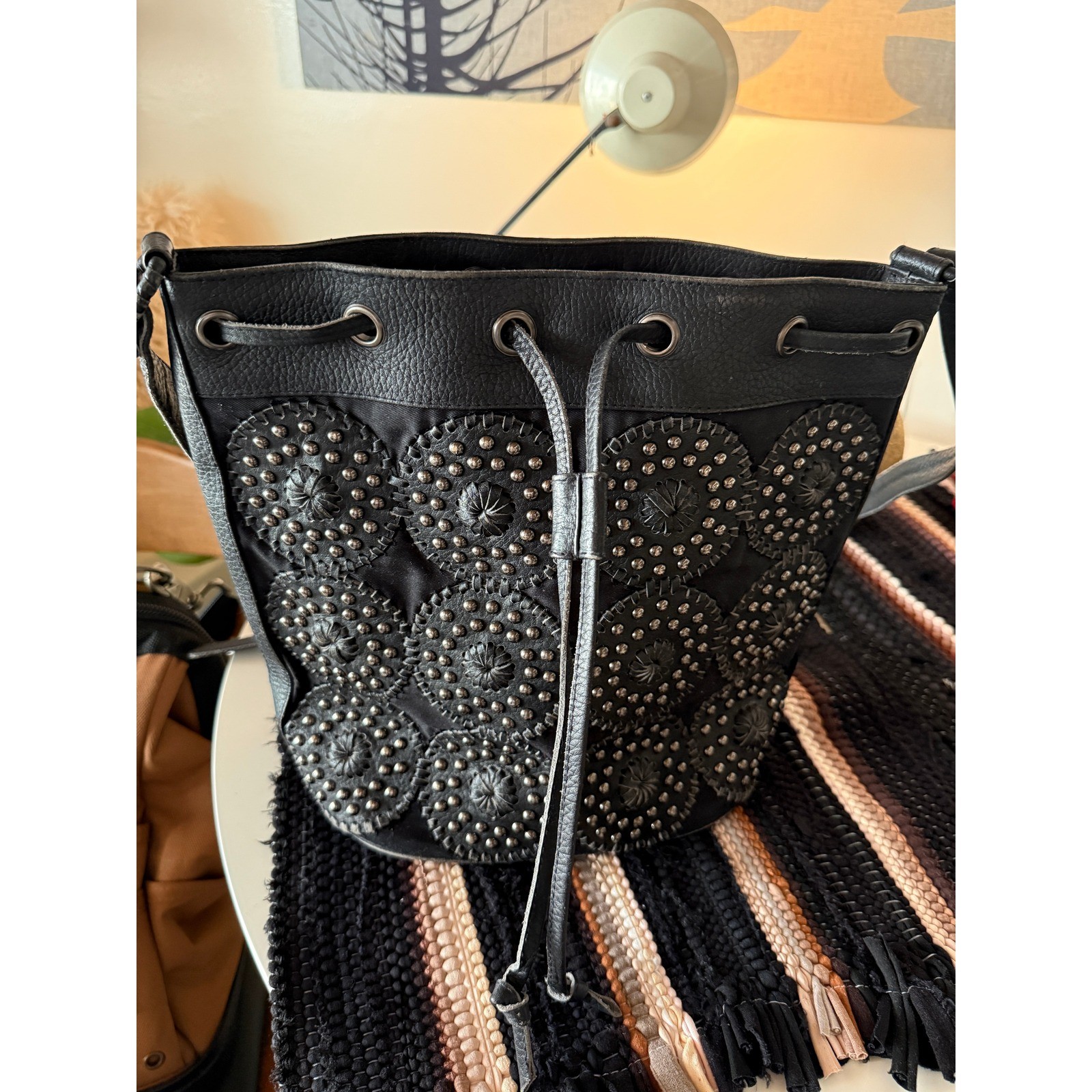 Cleobella Black Leather Studded Medallion Bucket Bag Crossbody Drawstring Boho