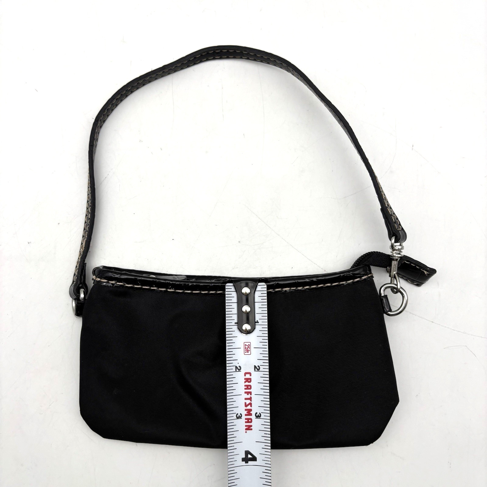Liz Claiborne Black Polyester Faux Patent Trim Micro Wristlet Pouch Purse 7.25″