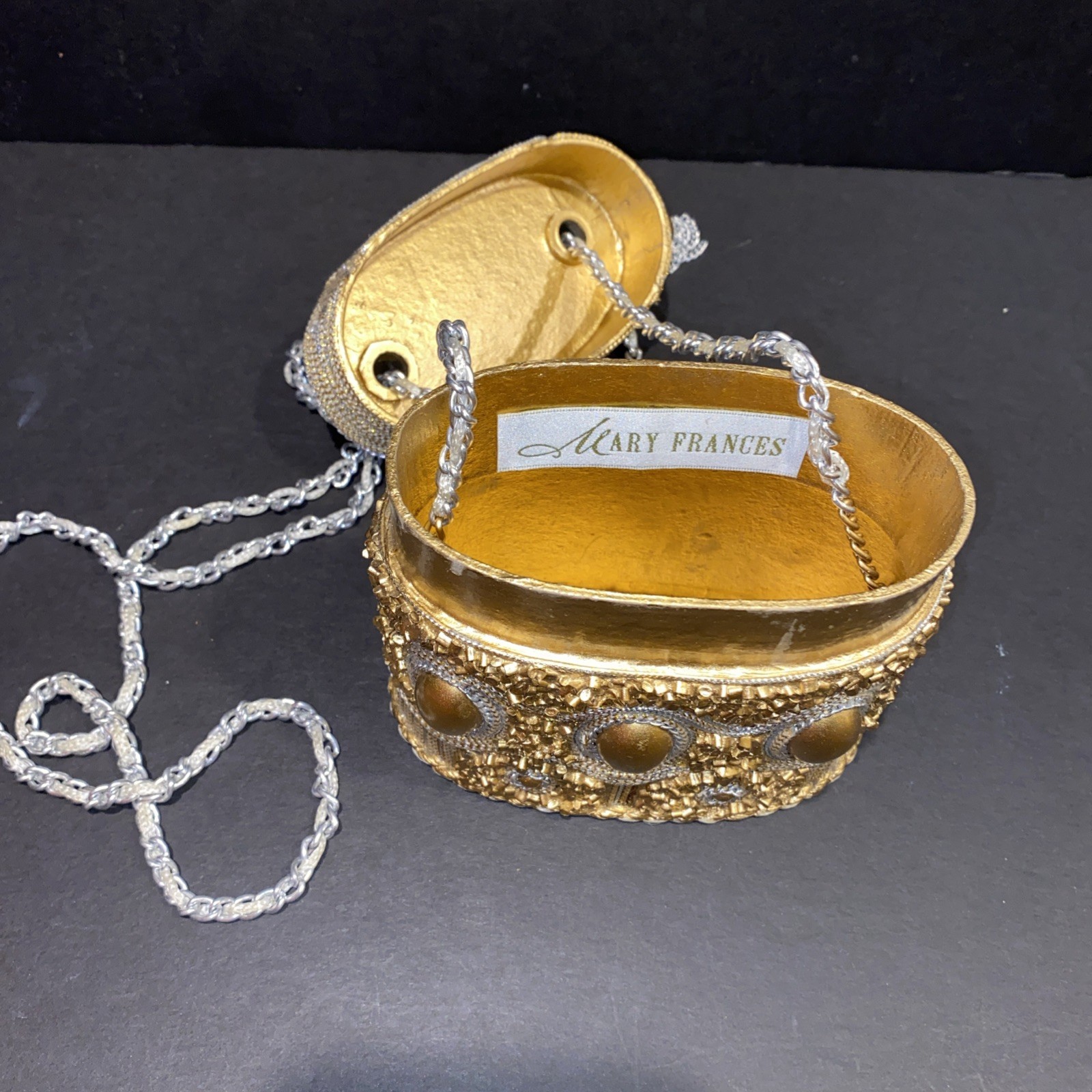 Vintage Gold & Silver Bedazzled Small Purse by Mary Frances ~5″W x 5″ T x 2.75″D
