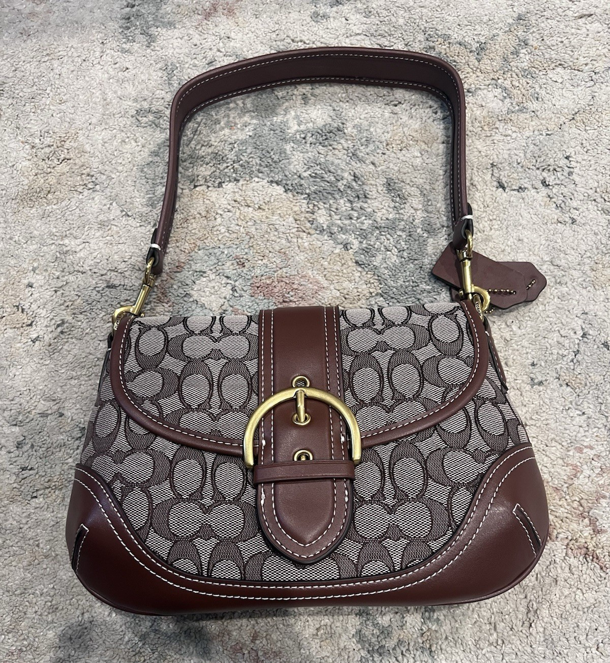 Coach Soho Signature Flap Shoulder Bag Brown/Beige Gold Buckle Lined Pockets