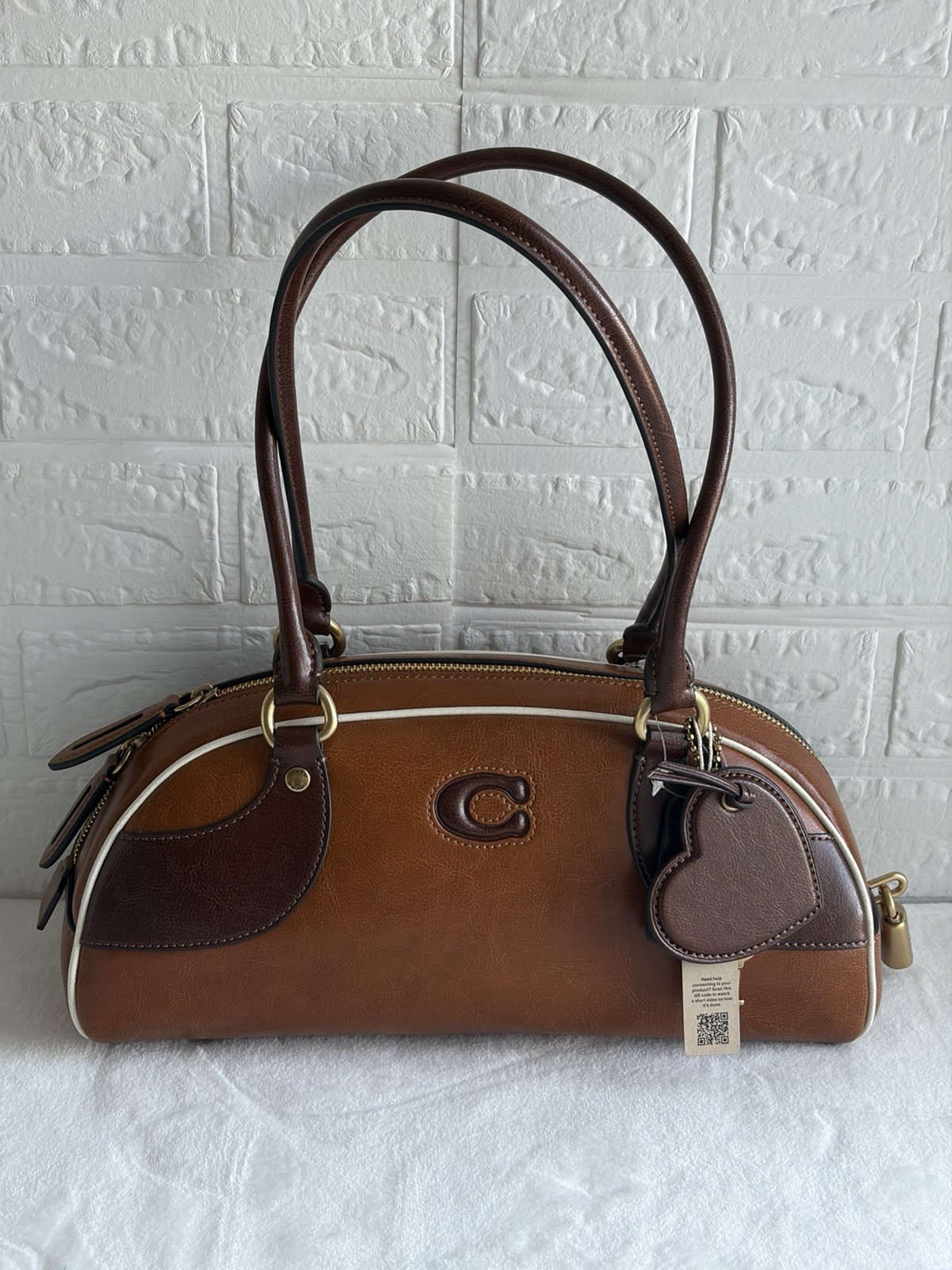 Coach Small Brown EW Bowling Shoulder Bag Zip Logo Hangtag Charm Gold Pockets