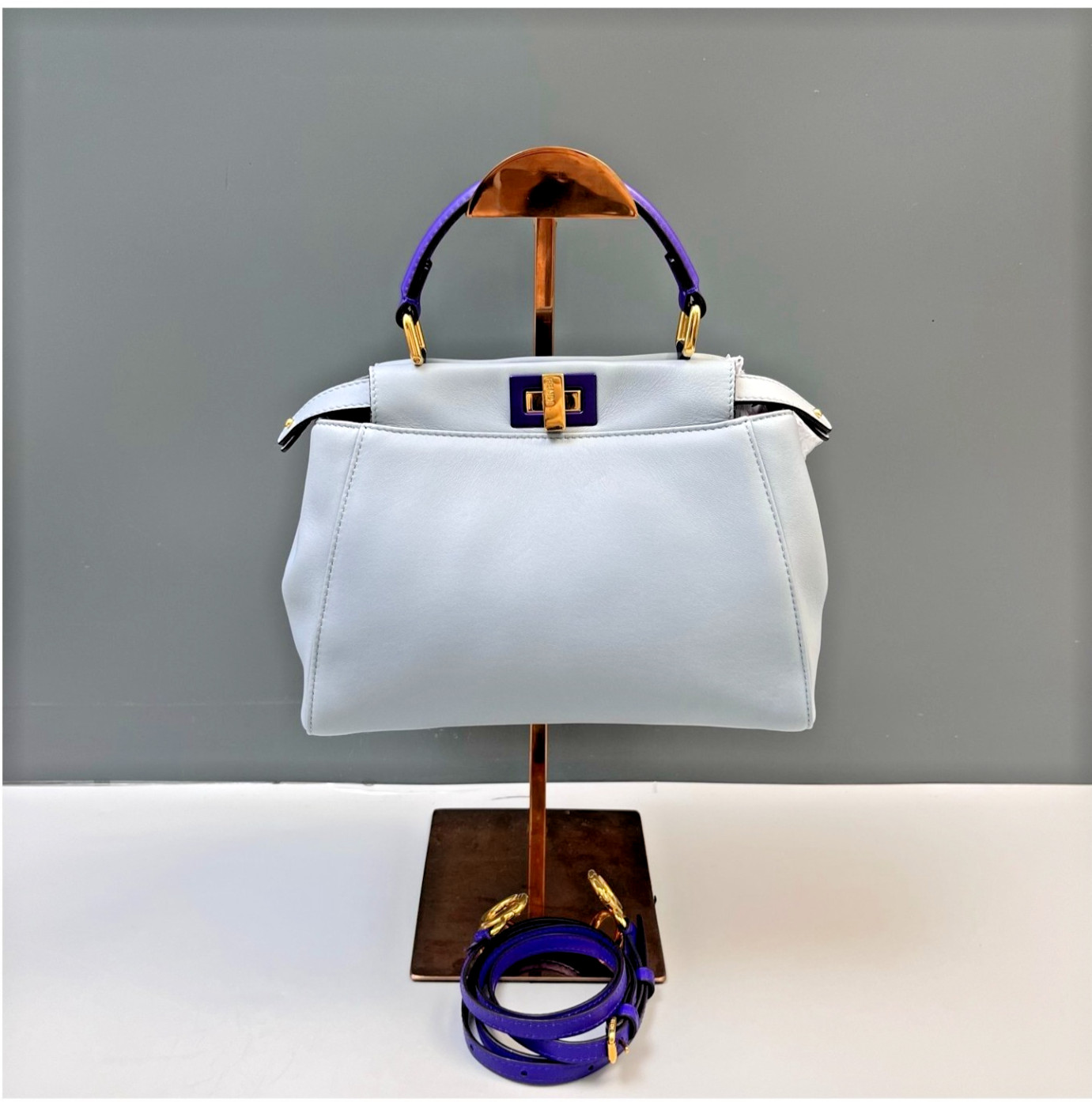Authentic Fendi Peekaboo Sheepskin Leather Top Handle Bag Light Blue Gold-Tone