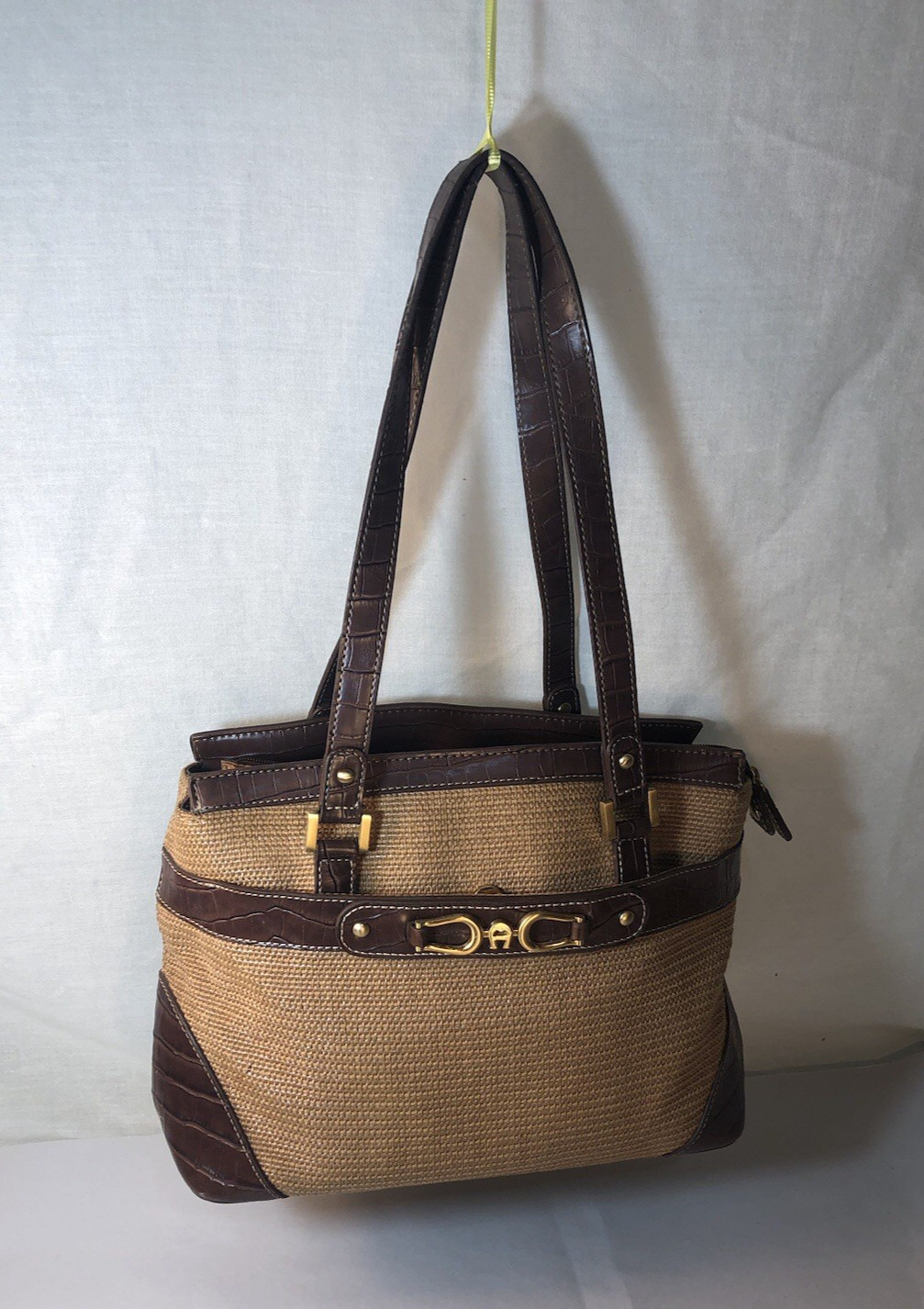 Etienne Aigner Tan Canvas Brown Faux Reptile Print Leather Satchel Shoulder Bag