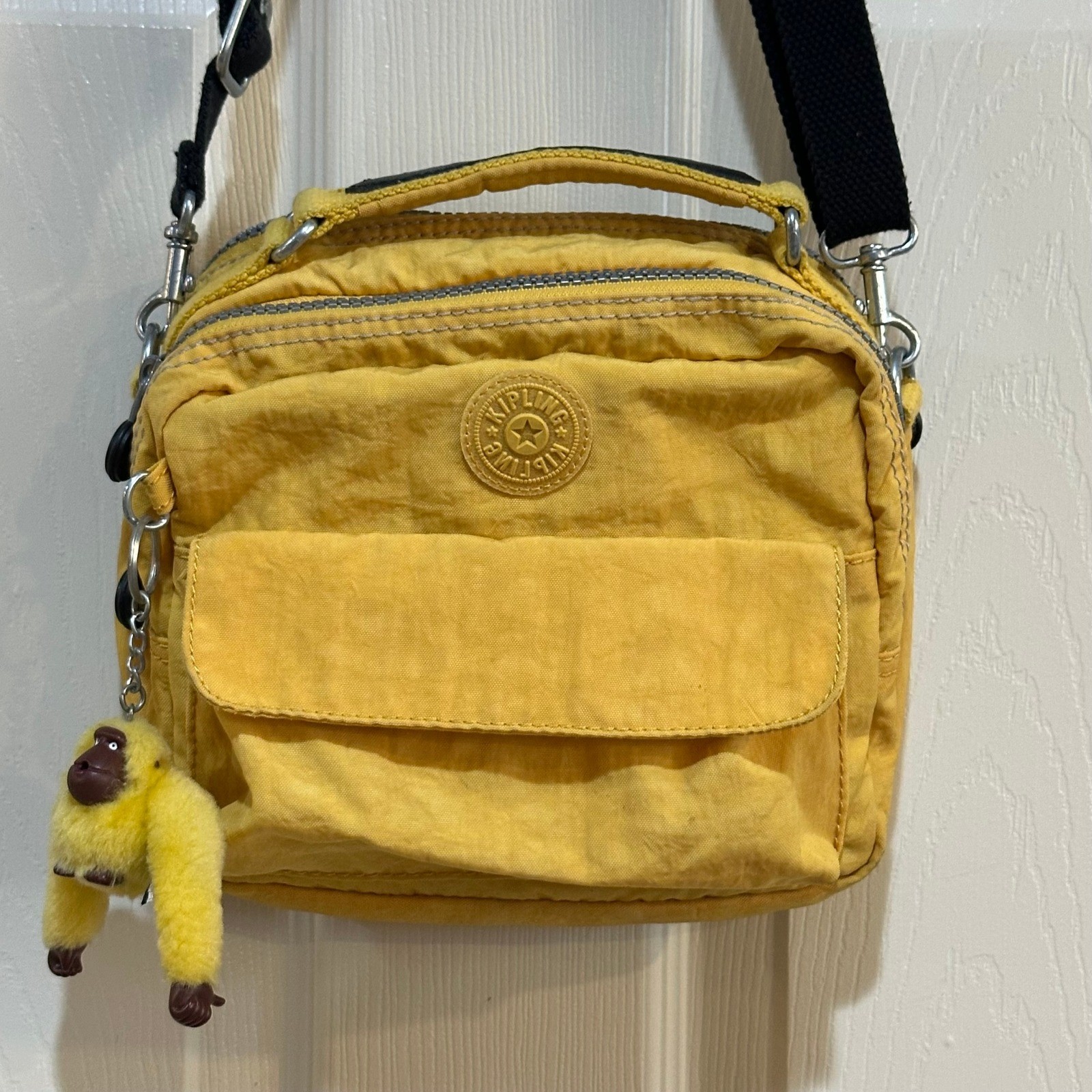 Kipling Yellow Crinkle Nylon Crossbody Bag with Monkey Keychain Small Messenger