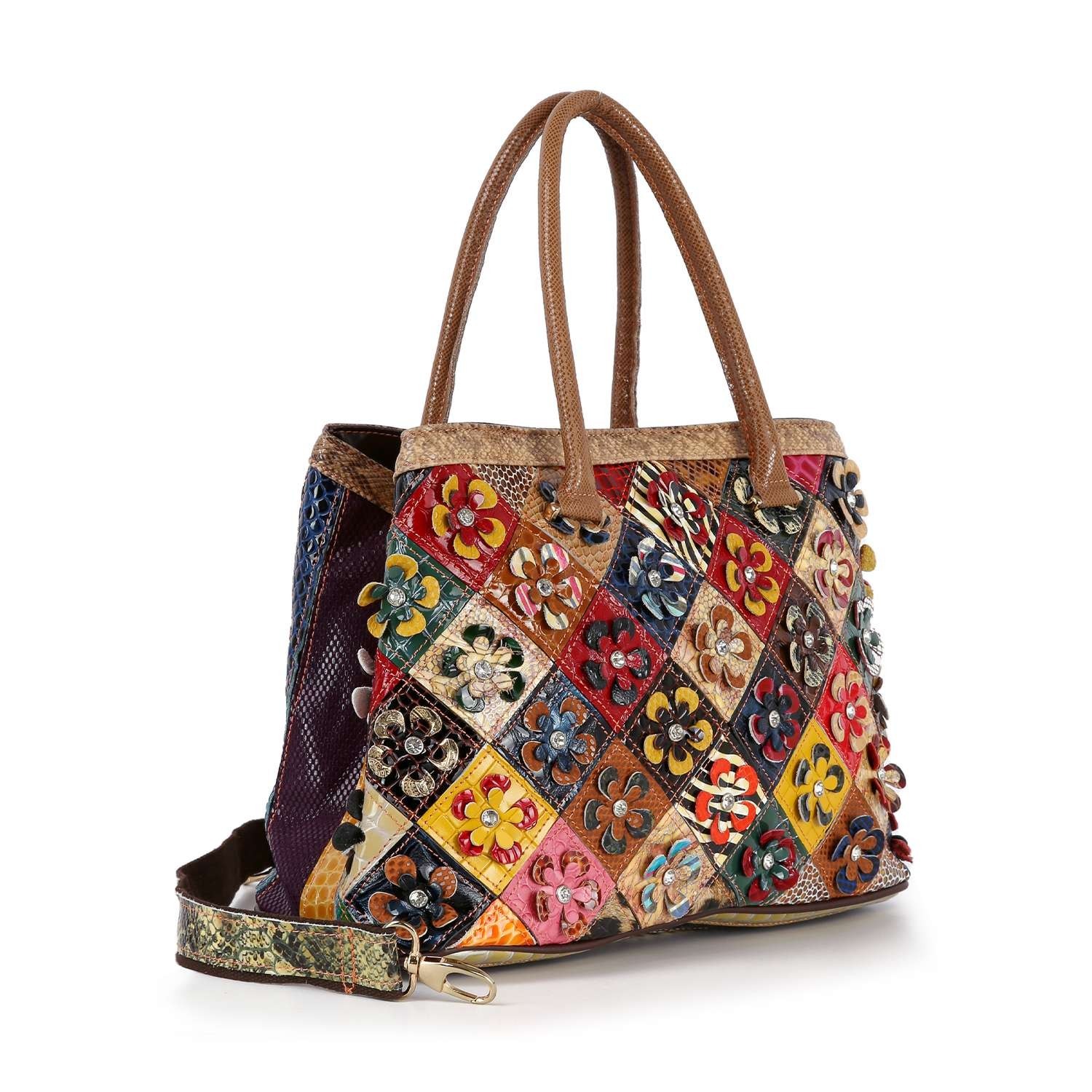 Genuine Leather 3D Floral Patchwork Tote Handbag Women Multicolor Crossbody Bag