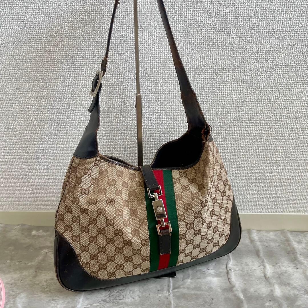 GUCCI Jackie GG Canvas Web Stripe Shoulder Bag Brown Leather Medium Tote