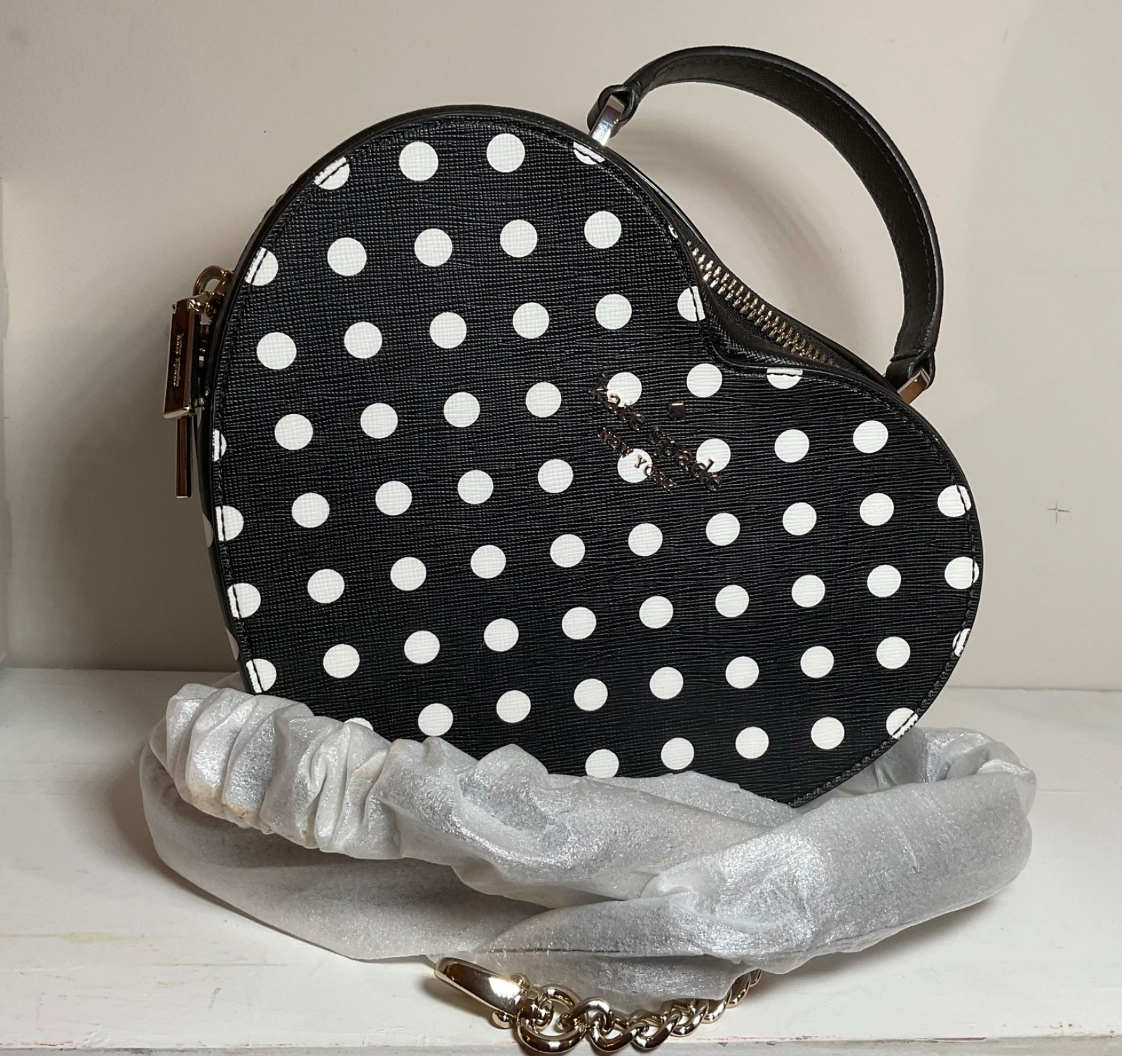 Kate Spade Love Shack Heart Purse Crossbody Bag Black with White Dots