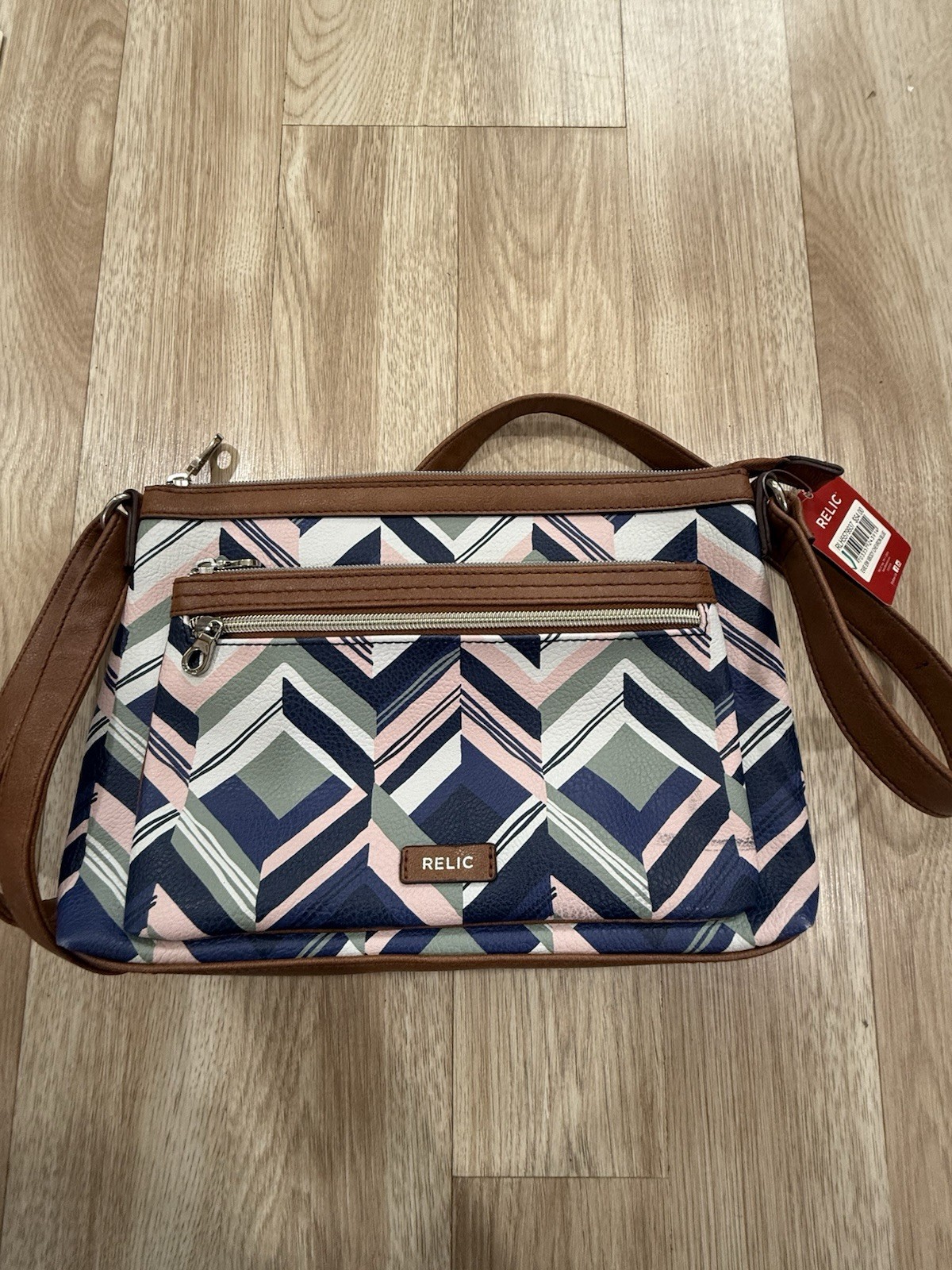 Relic Evie EW Xbody Chevron Crossbody Bag Blue Brown Strap Zip Closure Lined