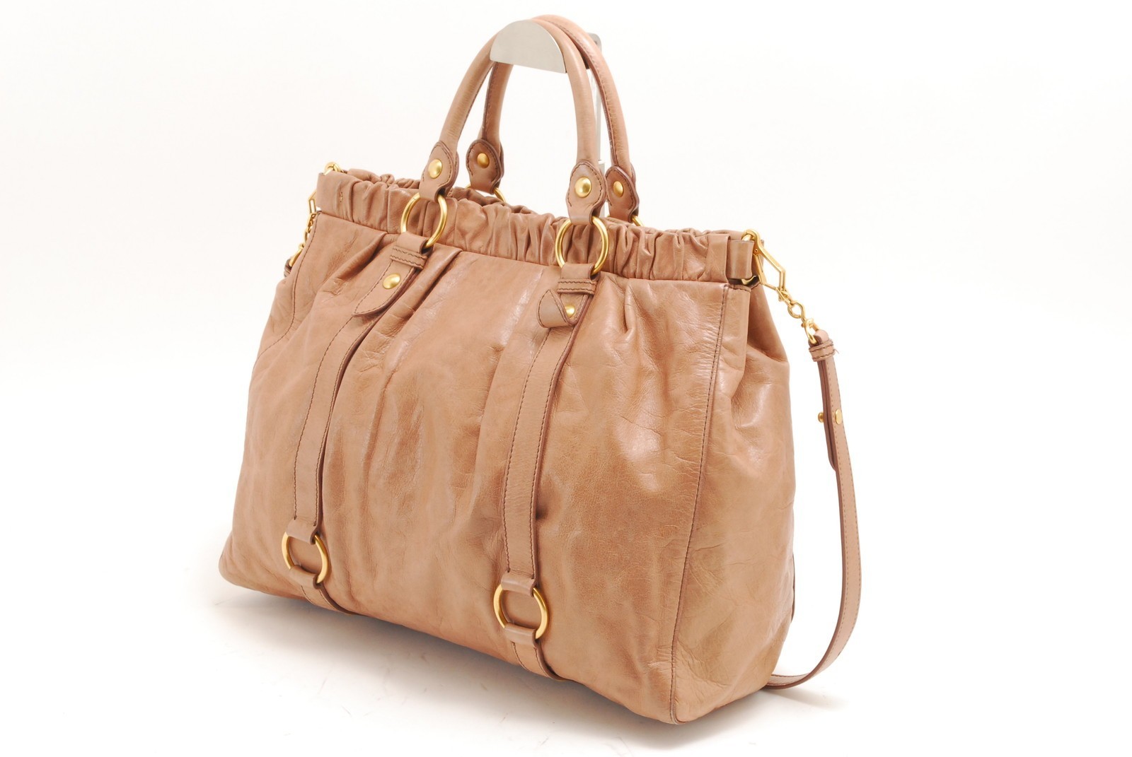 Miu Miu Vitello Lux Leather 2Way Shoulder Tote Bag Pink Beige Gold Hardware