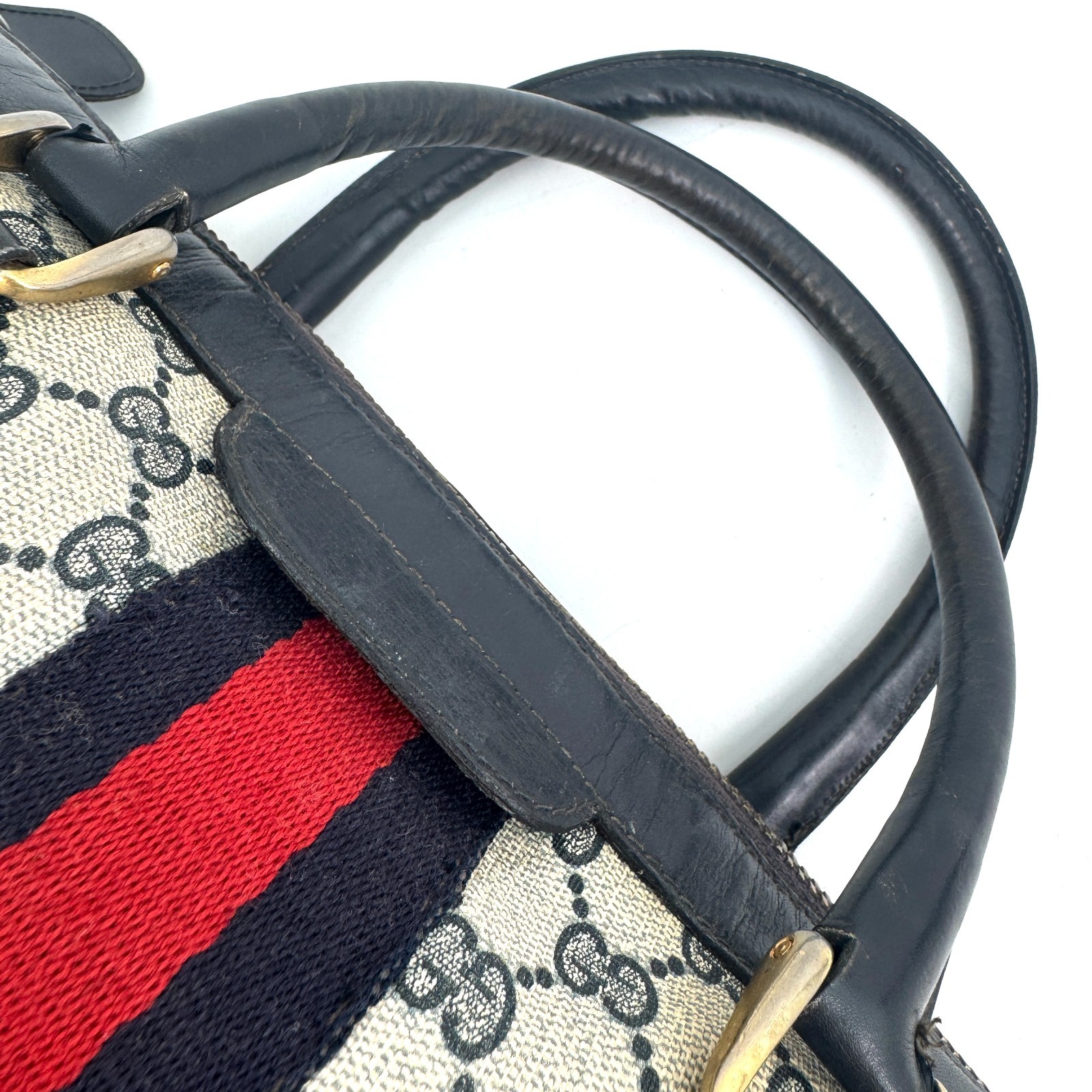Gucci Vintage Boston Bag Hand Bag Sherry GG PVC Leather Authentic 369T0452