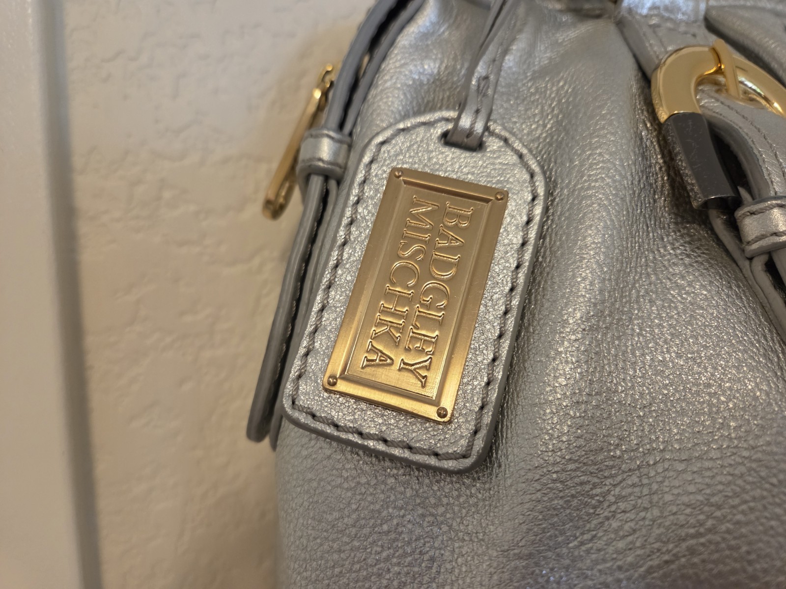 BADGLEY MISCHKA Silver Leather Shoulder Bag Satchel Buckle Purse Y2K EUC