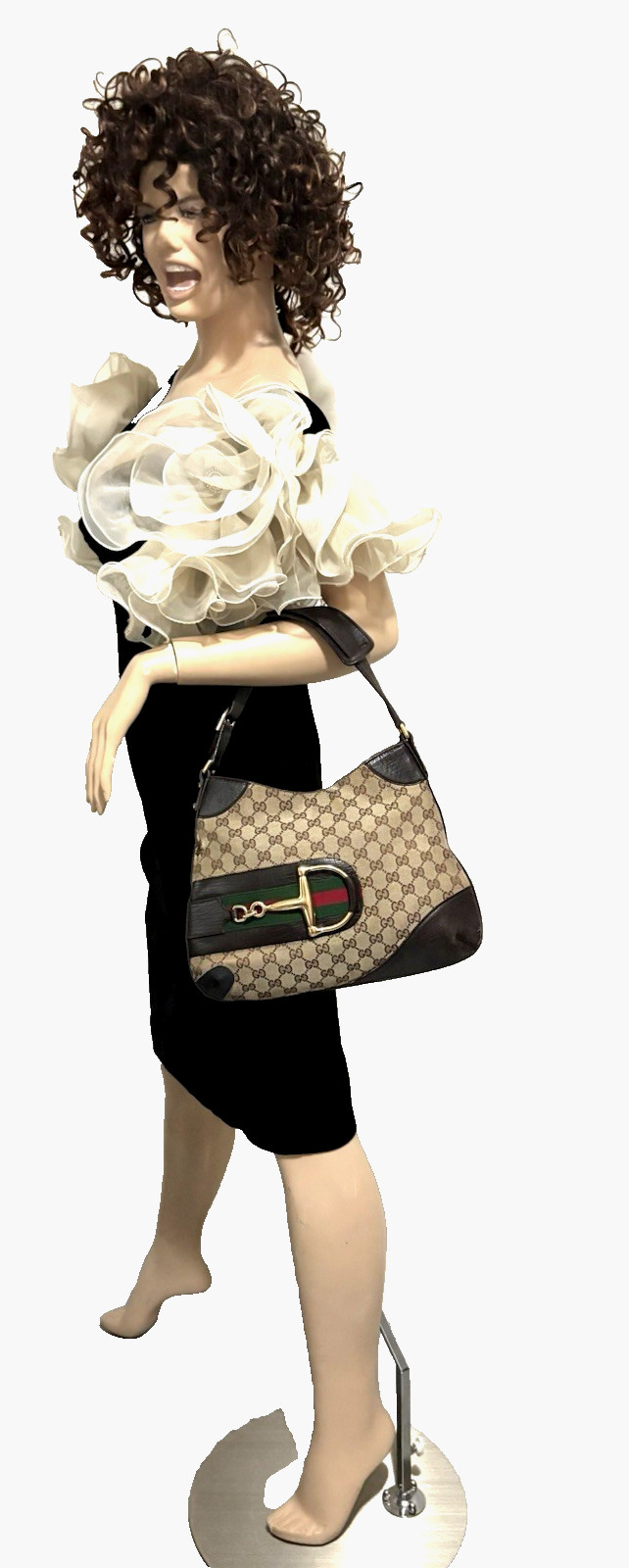 GUCCI HORSEBIT CANVAS W/ DARK BROWN LEATHER HOBO BAG WITH GREEN AND RED WEB