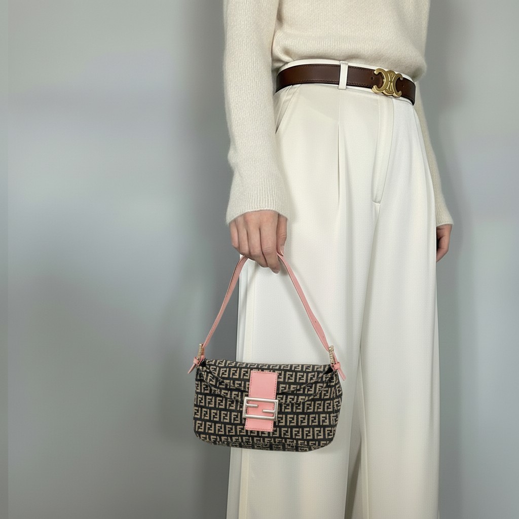 FENDI Zucchino Shoulder Bag Black Pink Canvas