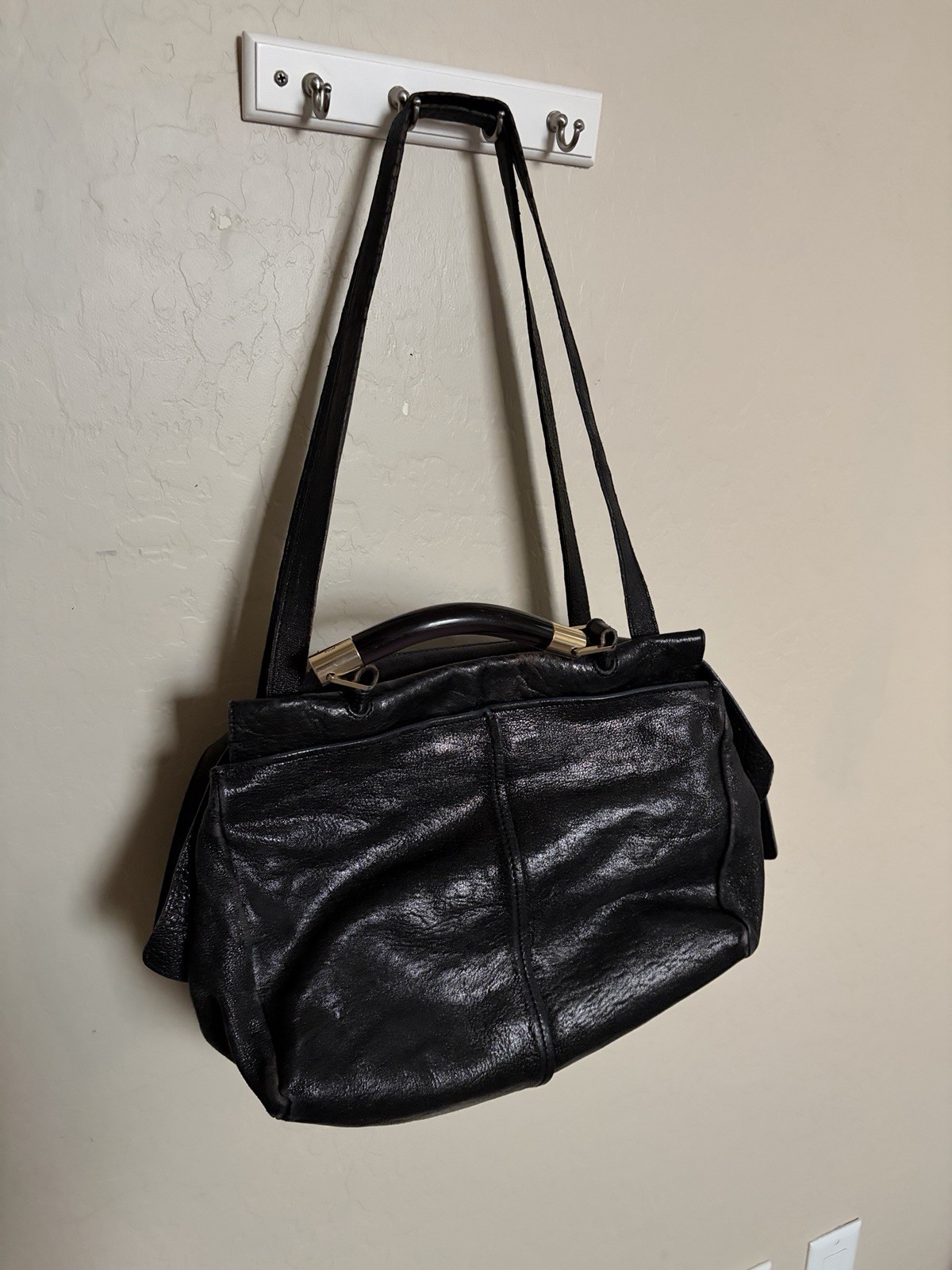 Vintage Chloe Saskia Black Leather Satcher Shoulder Bag acrylic handles 2 way