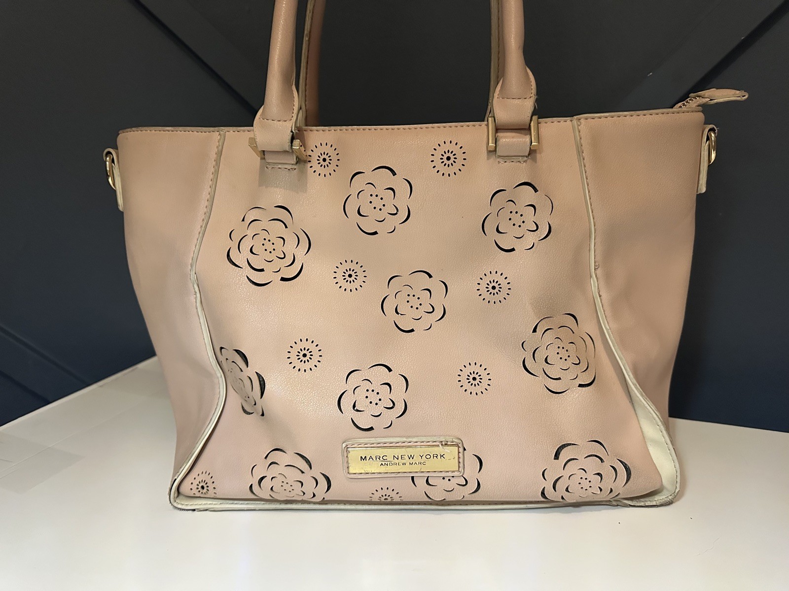 Marc New York Andrew Marc Beige Flower Cut Out Hobo Bag Purse Gold Hardware