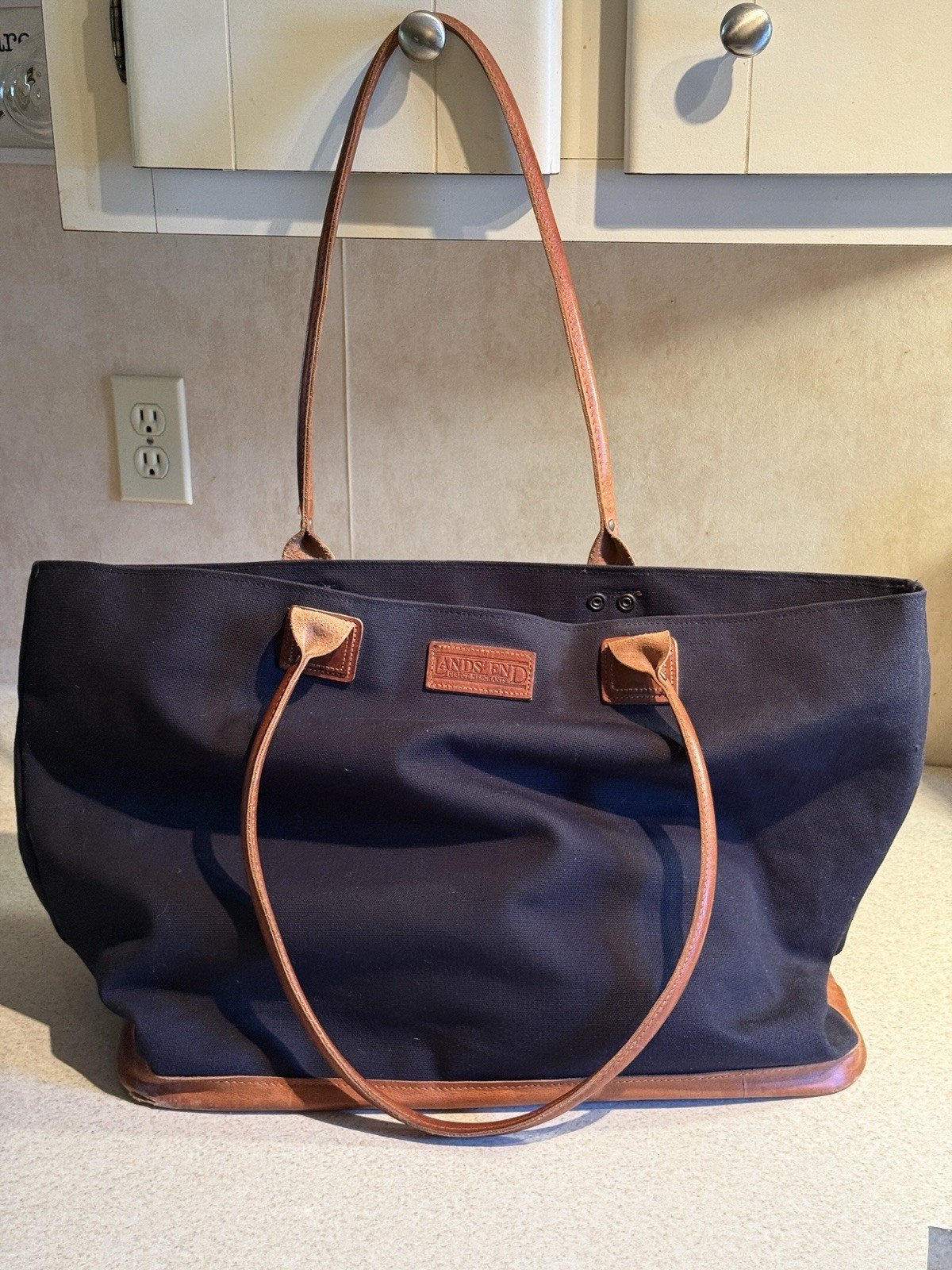 Lands End Canvas Tote Bag w/Leather Shoulder Straps & Leather Bottom Edge