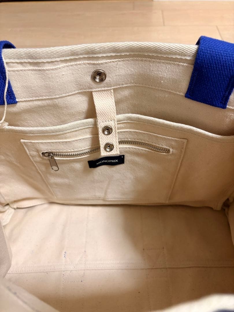 Monoprix Femme France Canvas Tote Bag Blue White Border Large Capacity Unused