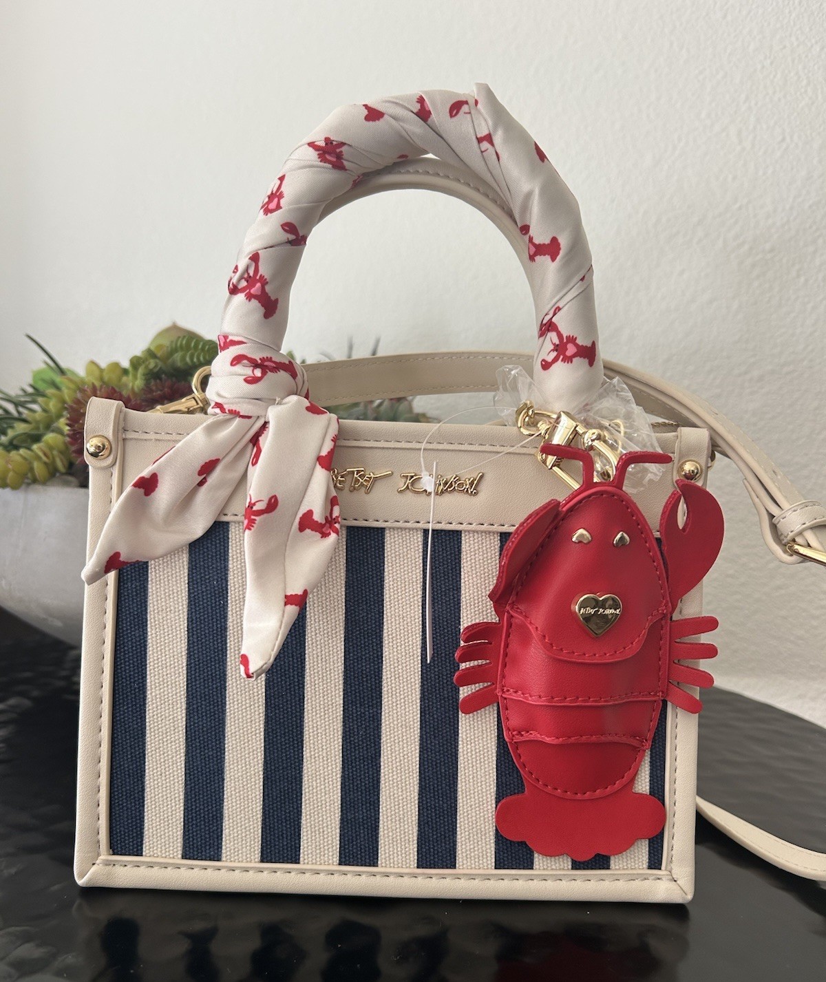 New! Betsey Johnson XOLUCY Nautical Crossbody Bag Lobster Charm Tote Navy Multi