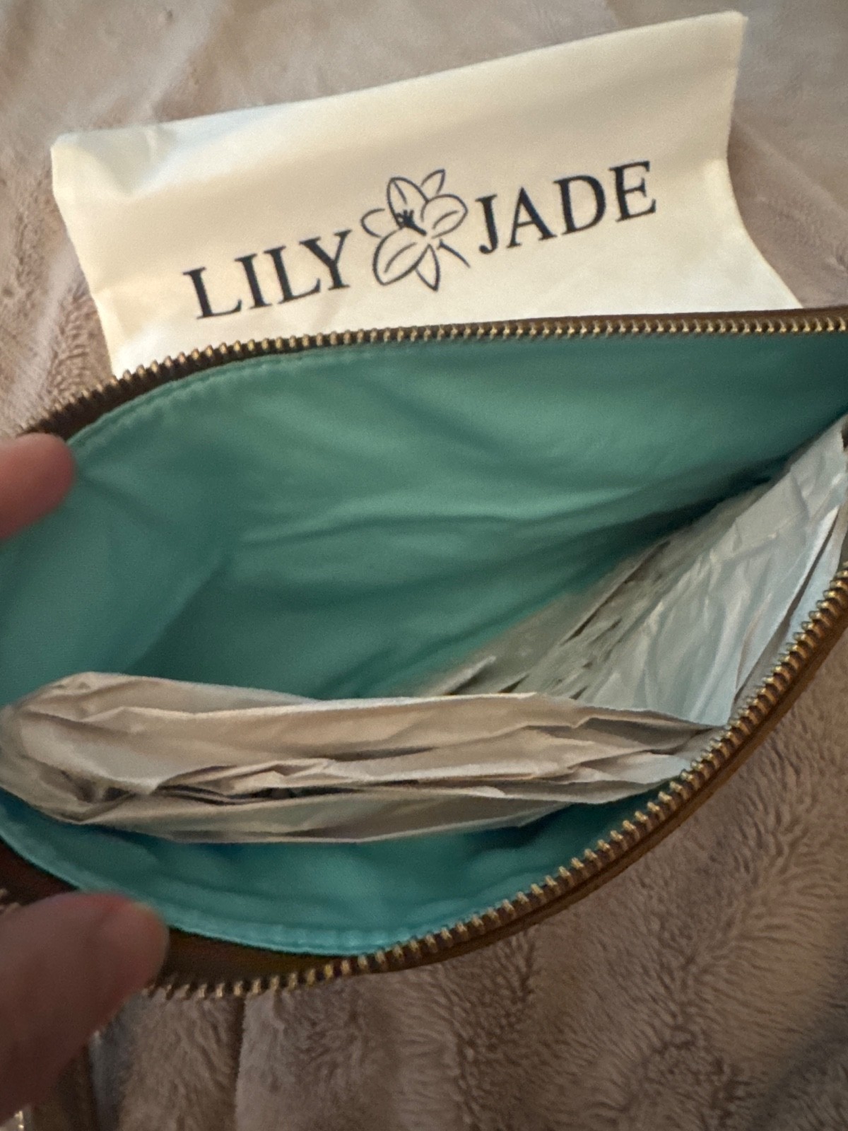 Lily Jade wristlet, no interior pockets. Jade color lining. Full leather