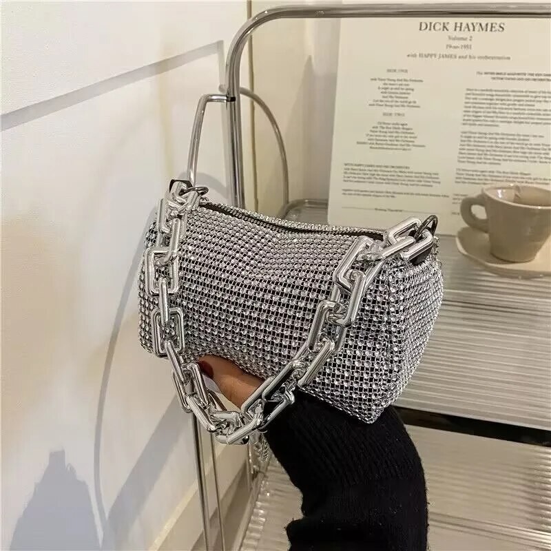 Rhinestone Bucket Bag, Glitter Chain Prom Purse, Women’s Mini Crossbody Bag