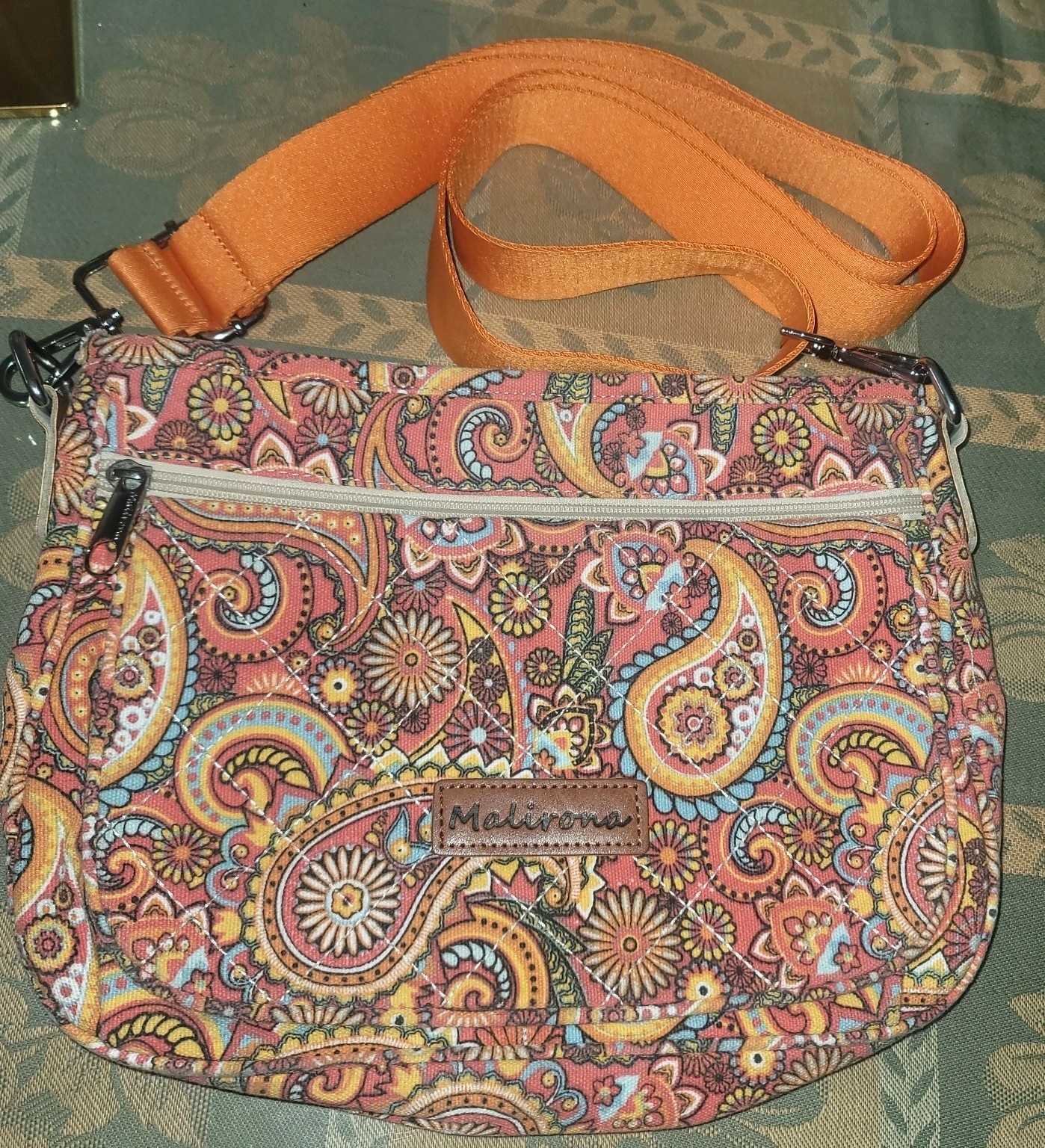 Malirona Boho Crossbody Bag Purse Orange Paisley Floral Canvas Messenger
