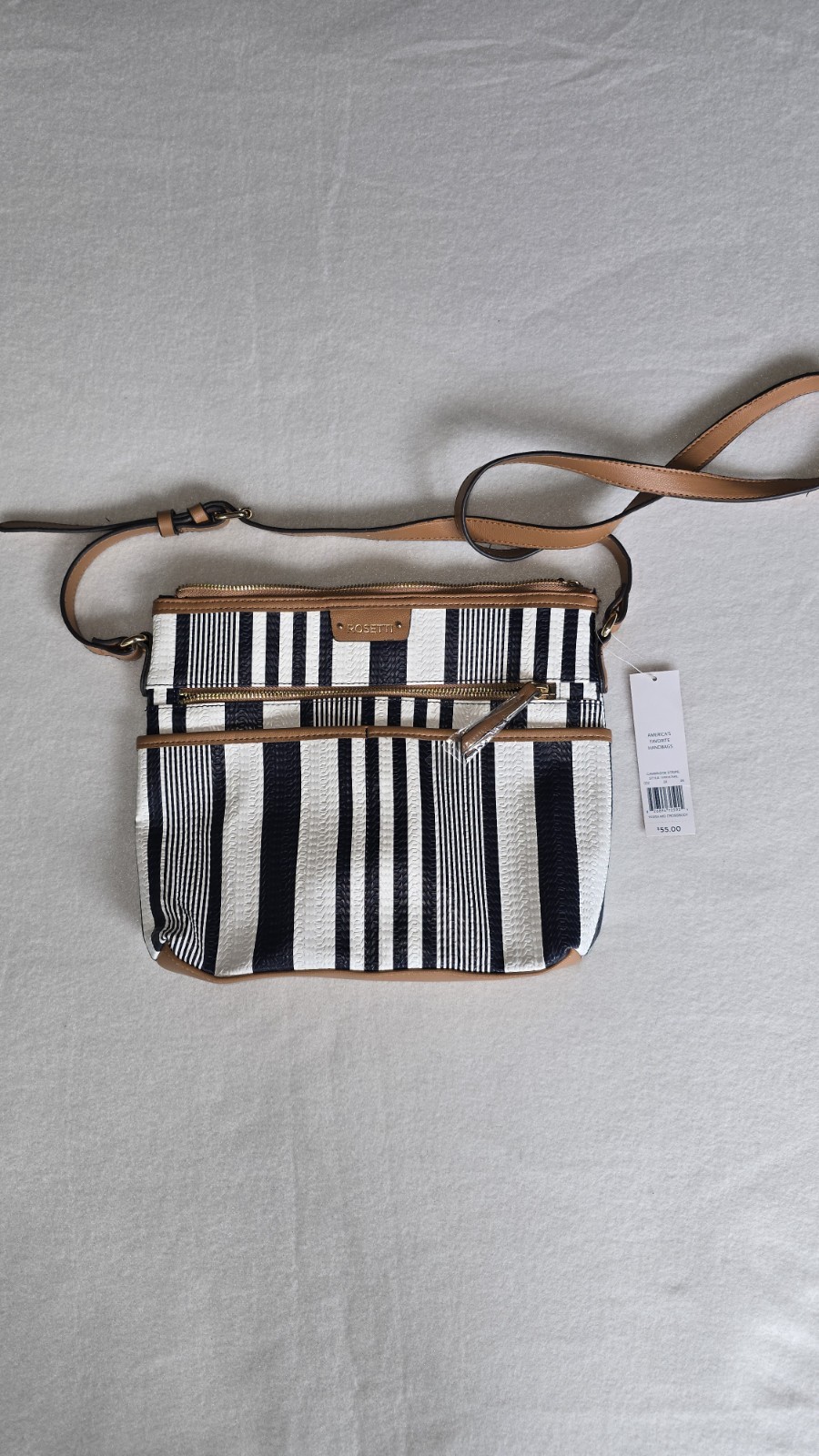 Rosetti Striped Crossbody Bag Beige Blue Brown Zip Adjustable Strap Pockets