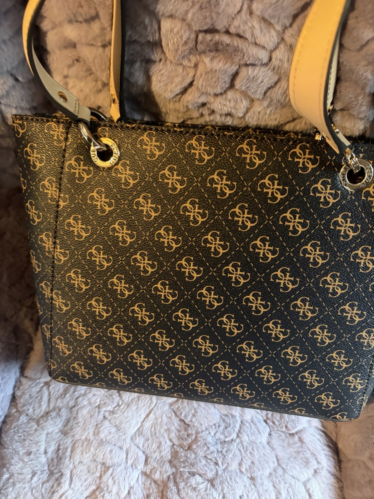 GUESS Black/Tan Logo Monogram Zip Tote Shoulder Bag w/ Charm, Inner Pockets