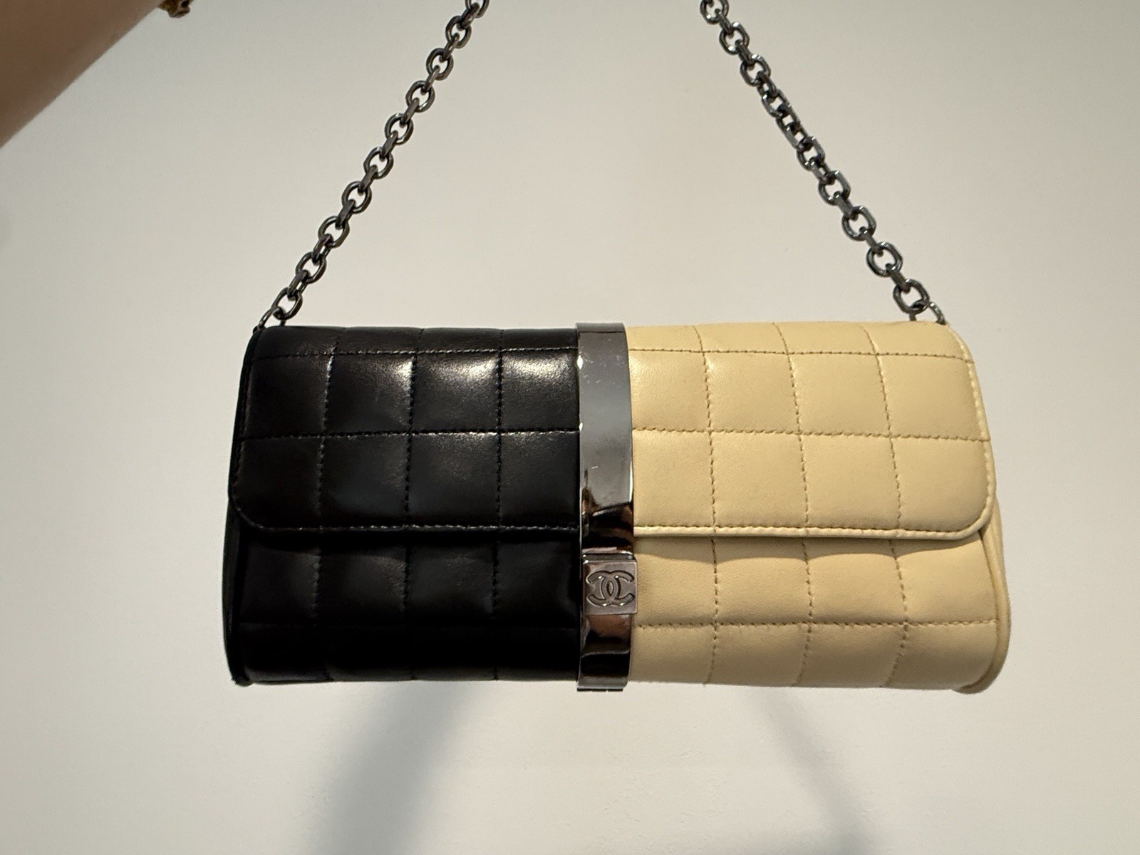 CHANEL Y2K Chcolate Bar Gunmetal CC Turnlock Black and Beige Shoulder Bag RARE