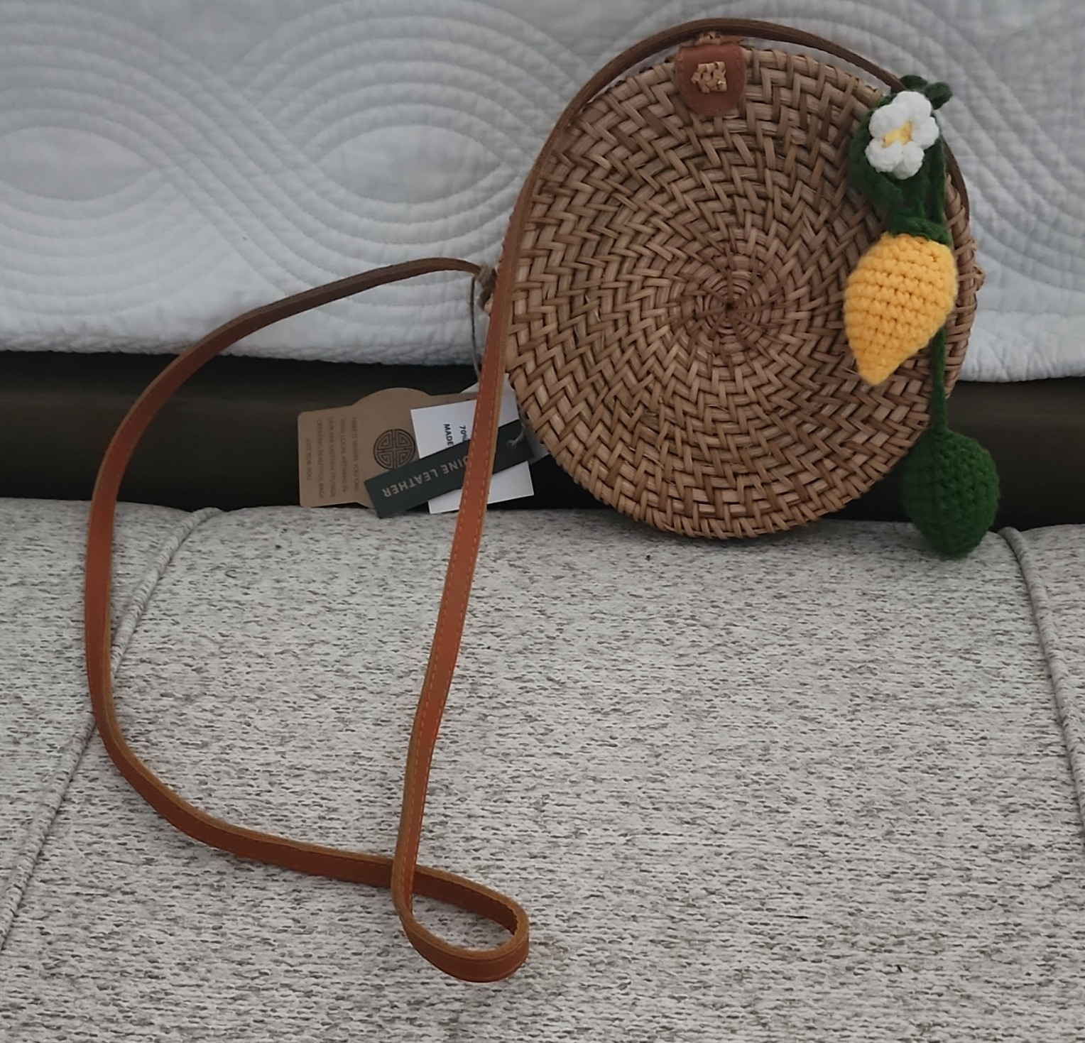 Genuine Leather Wicker Round Crossbody Bag Snap Brown Strap Bag Charm Lined