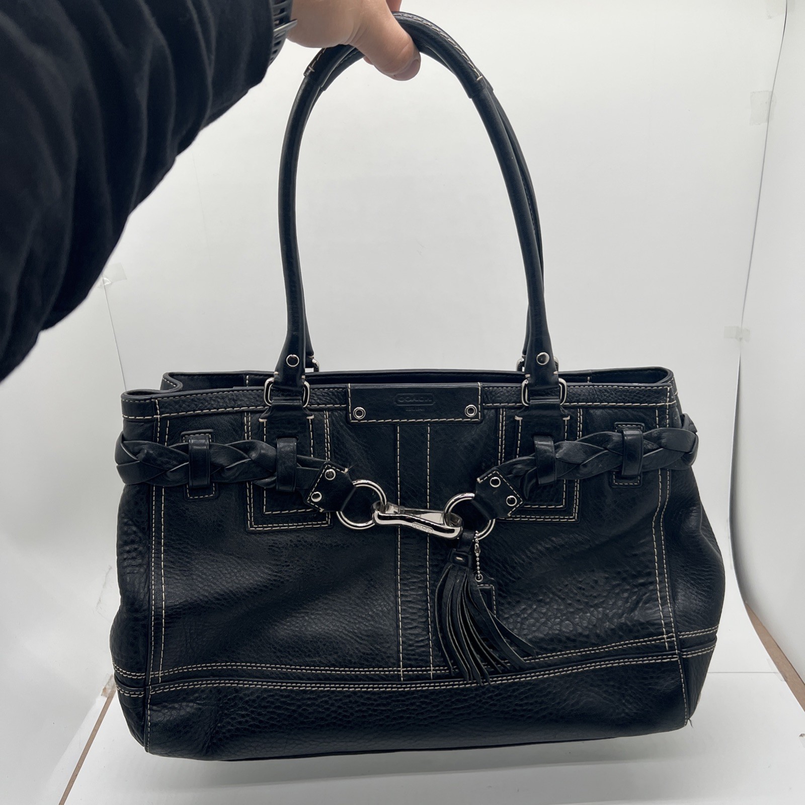2000s Y2K COACH F13084 Hampton Black Pebbled Leather Shoulder Carryall Bag