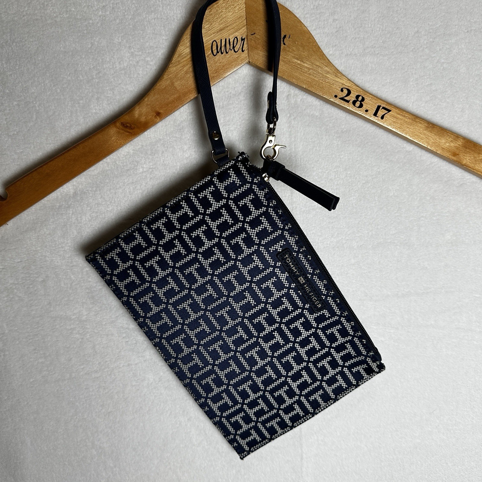Tommy Hilfiger Blue/White TH Monogram Zip Wristlet Pouch, Inner Pockets