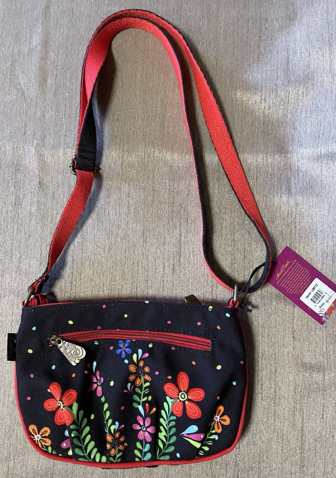 LAUREL BURCH LB8772 Cat in Beaded Flowers, Black Crossbody Shoulder Tote NEW