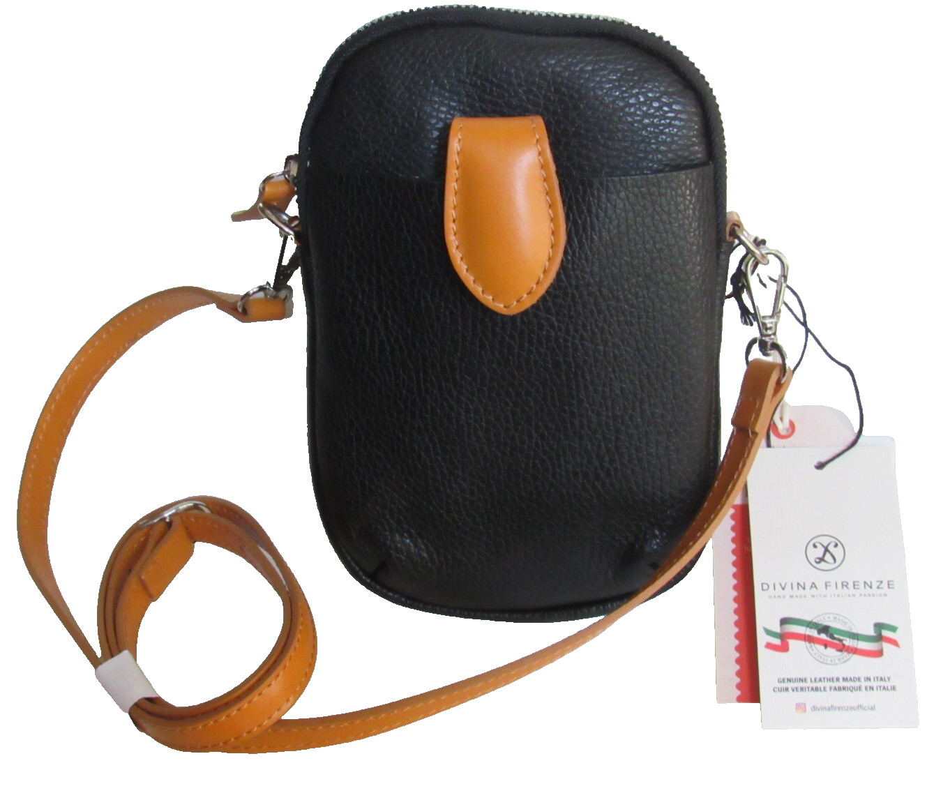 DIVINA FIRENZE ITALY Amanda GENUINE Leather Crossbody Bag 2-Tone Black/Honey NWT