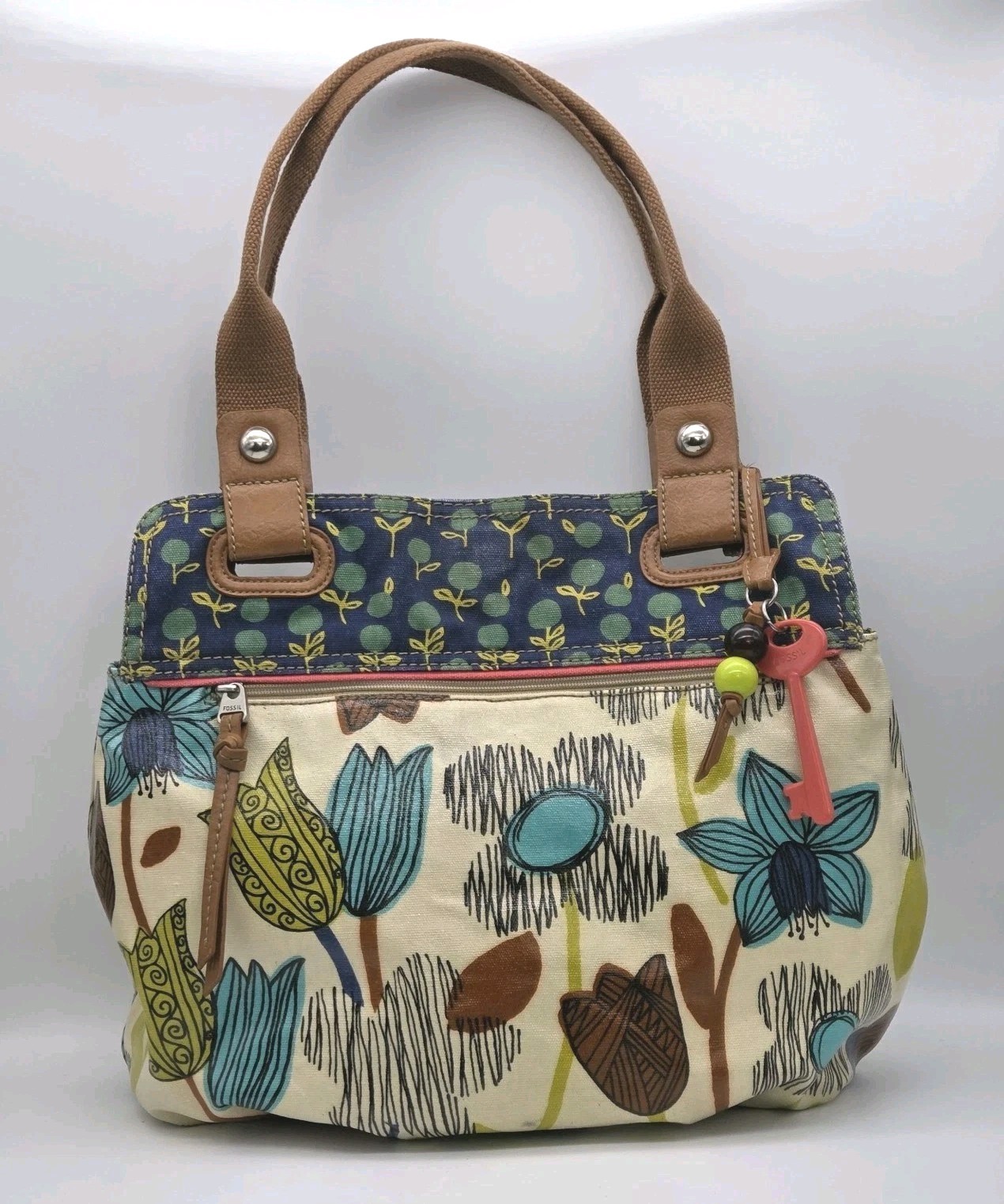 Fossil Key Per Purse Shoulder Bag Teal Navy Brown Black Coated Canvas Logo FOB
