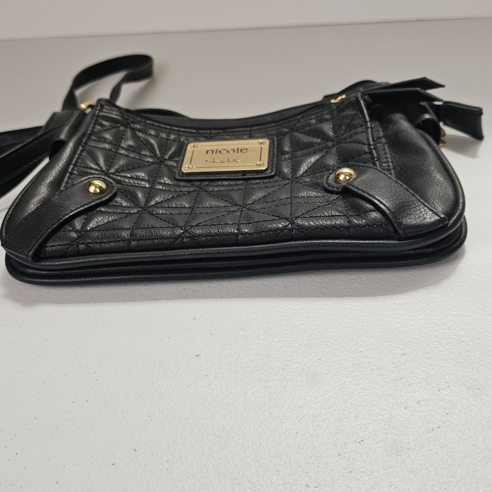 Nicole Miller Crossbody Bag Black Quilted Faux Leather Gold Chain Strap