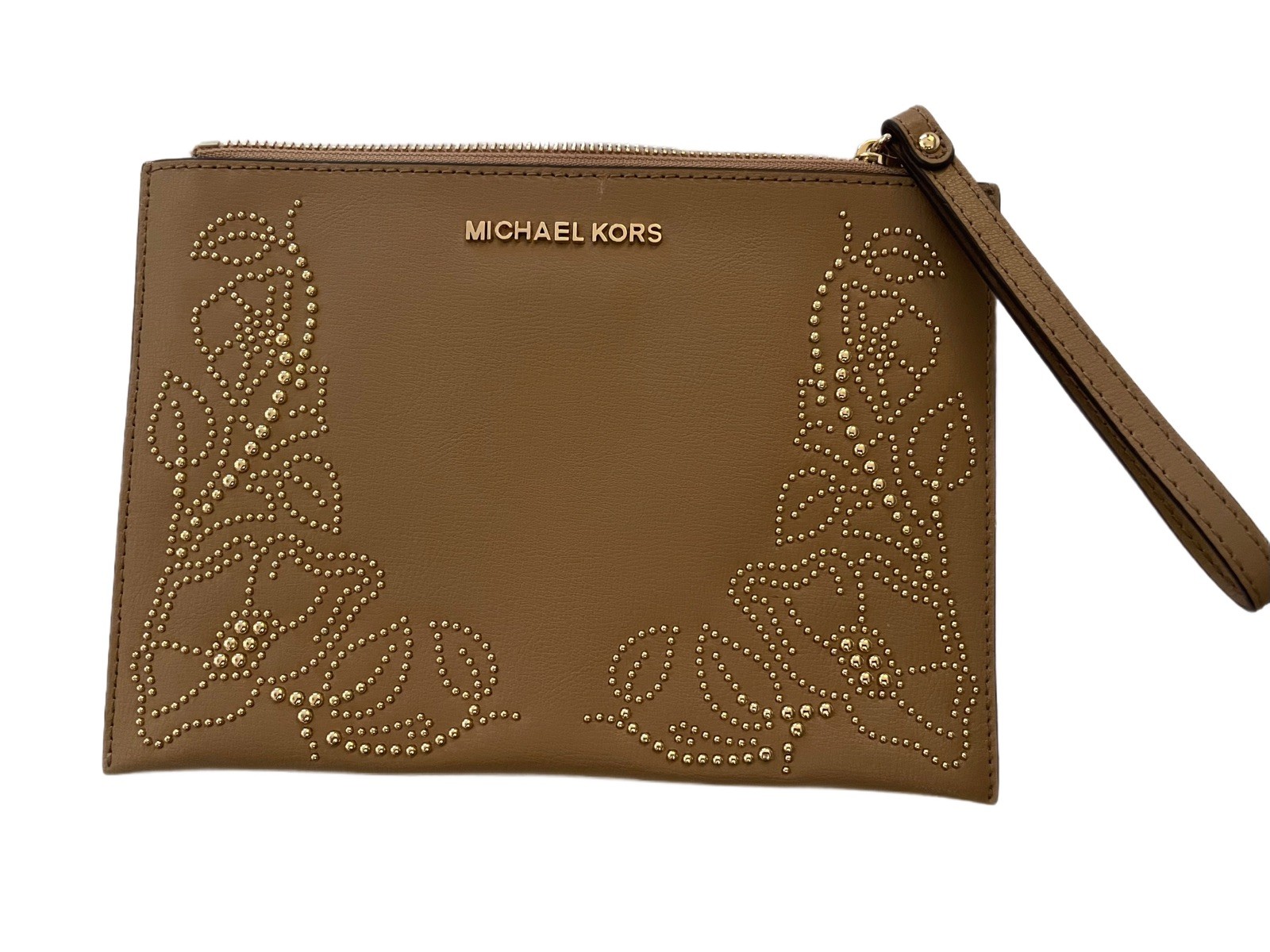 Michael Kors Studded Floral Wristlet / Clutch – Tan / Gold Hardware – EUC