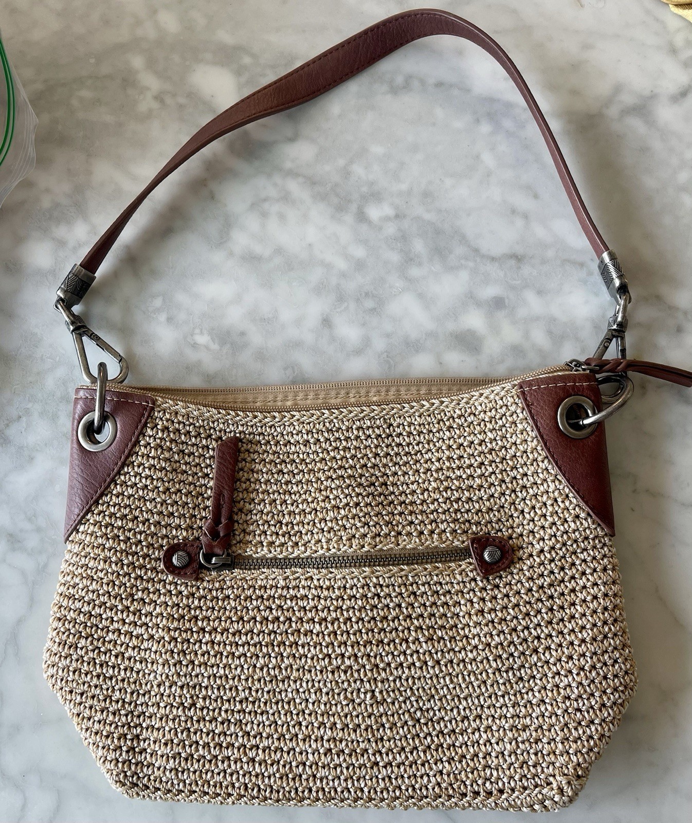 The Sak Indio Beige Crochet & Leather Shoulder Bag with Metal Hardware 9×8